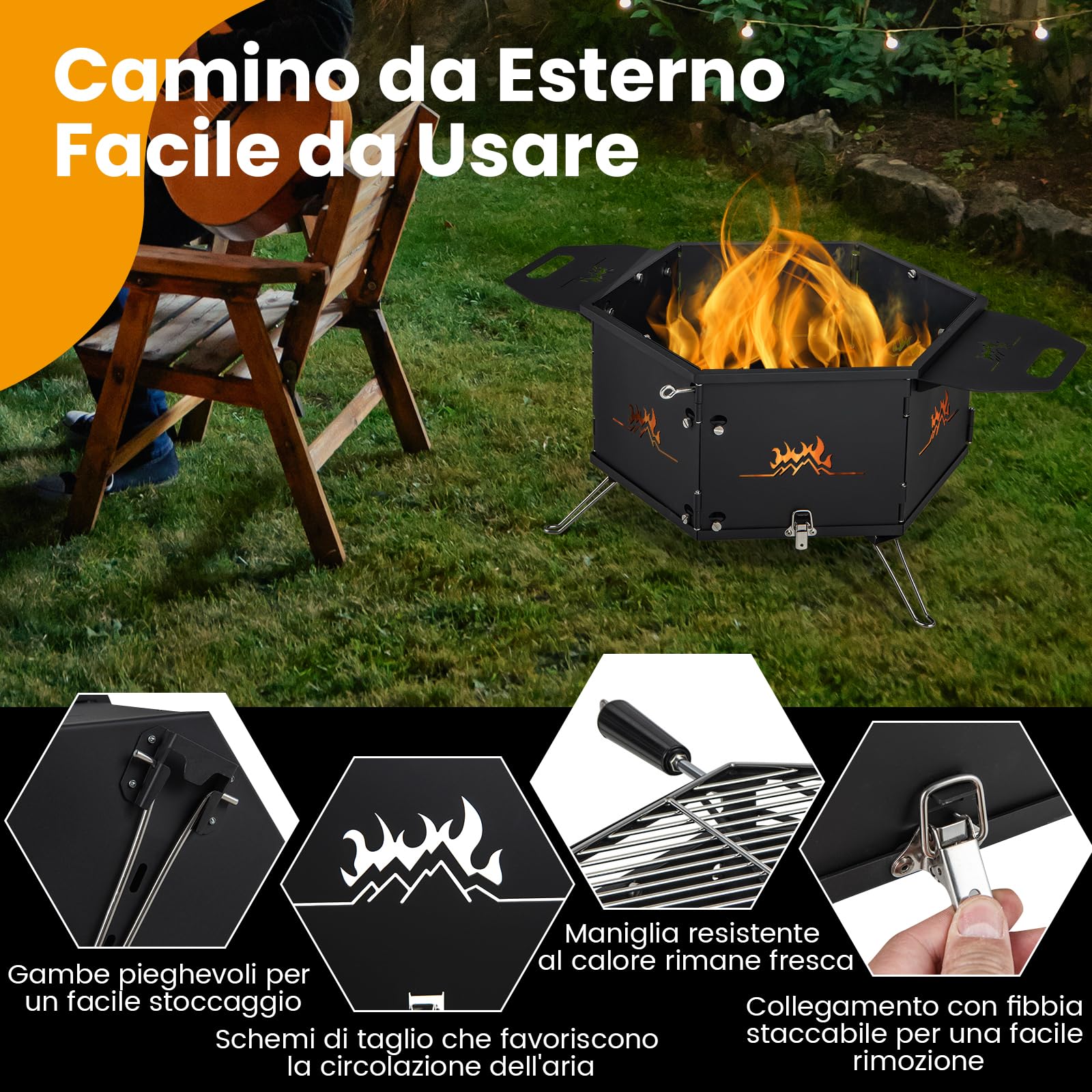 GYMAX Fornello da Campeggio con Grill all'Aperto, Barbecue Portatile a Carbone Allargato con 2 Manici, Gambe Pieghevoli, Fibbia Staccabile, Fornello a Carbone in Acciaio Inox per Viaggi, Campeggio