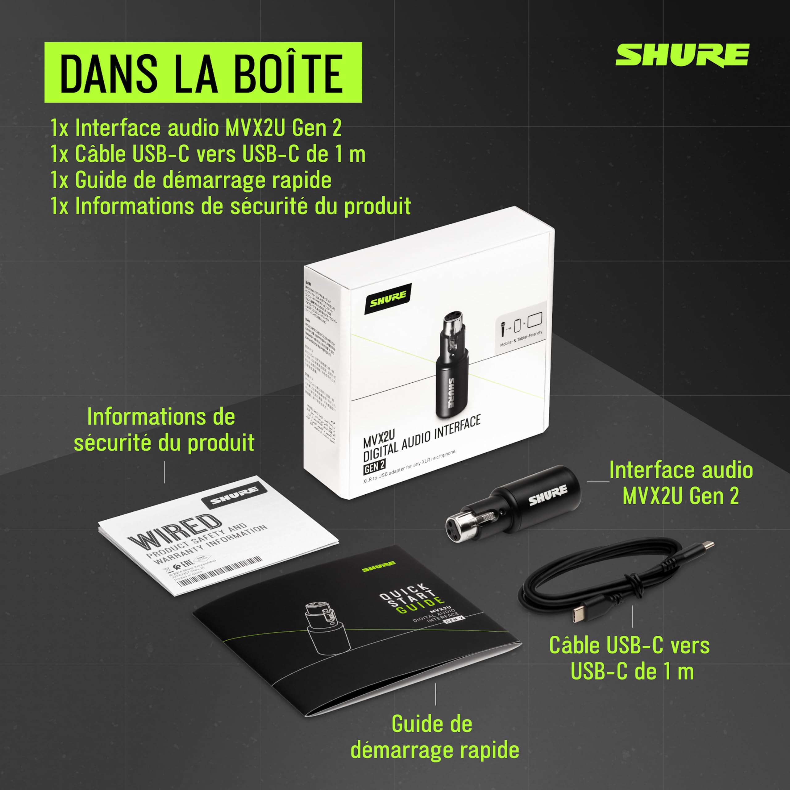 Shure MVX2U Gen 2, Interface audionumérique, adaptateur XLR vers USB microphones, la création & l'enregistrement de contenu, traitements audionumériques, compatible avec Mac, Windows, iOS & Android