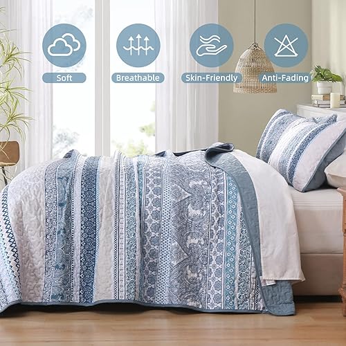 Miniatura 5 de WONGS BEDDING Juego de edredón bohemio tamaño matrimonial, juego de edredón bohemio azul claro de 3 piezas, juego de ropa de cama ligero de verano