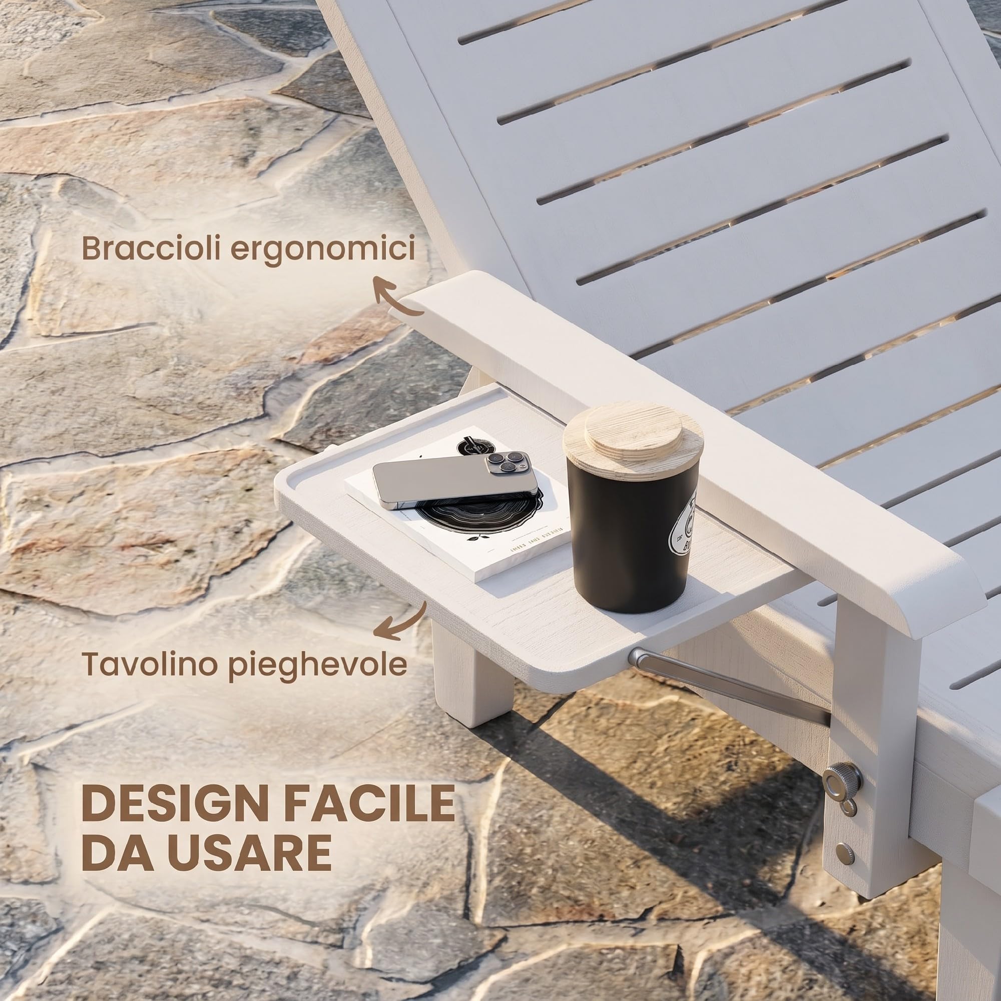 Outsunny Set 2 Lettini Prendisole con Schienale Regolabile su 5 Posizioni, Tavolino e Braccioli Ergonomici, Sdraio da Giardino in Polipropilene Impermeabile, 79x158x88 cm, Bianco
