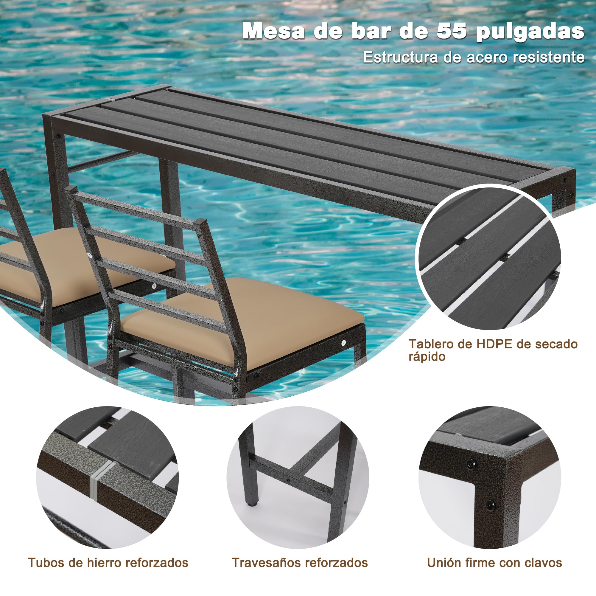Juego de Comedor y Bar para Patio de 3 Piezas, Mesa Rectangular Resistente de 140 cm de Altura con 2 taburetes Acolchados, Mesa y sillas de Metal para Patio, Porche, bistró o balcón.
