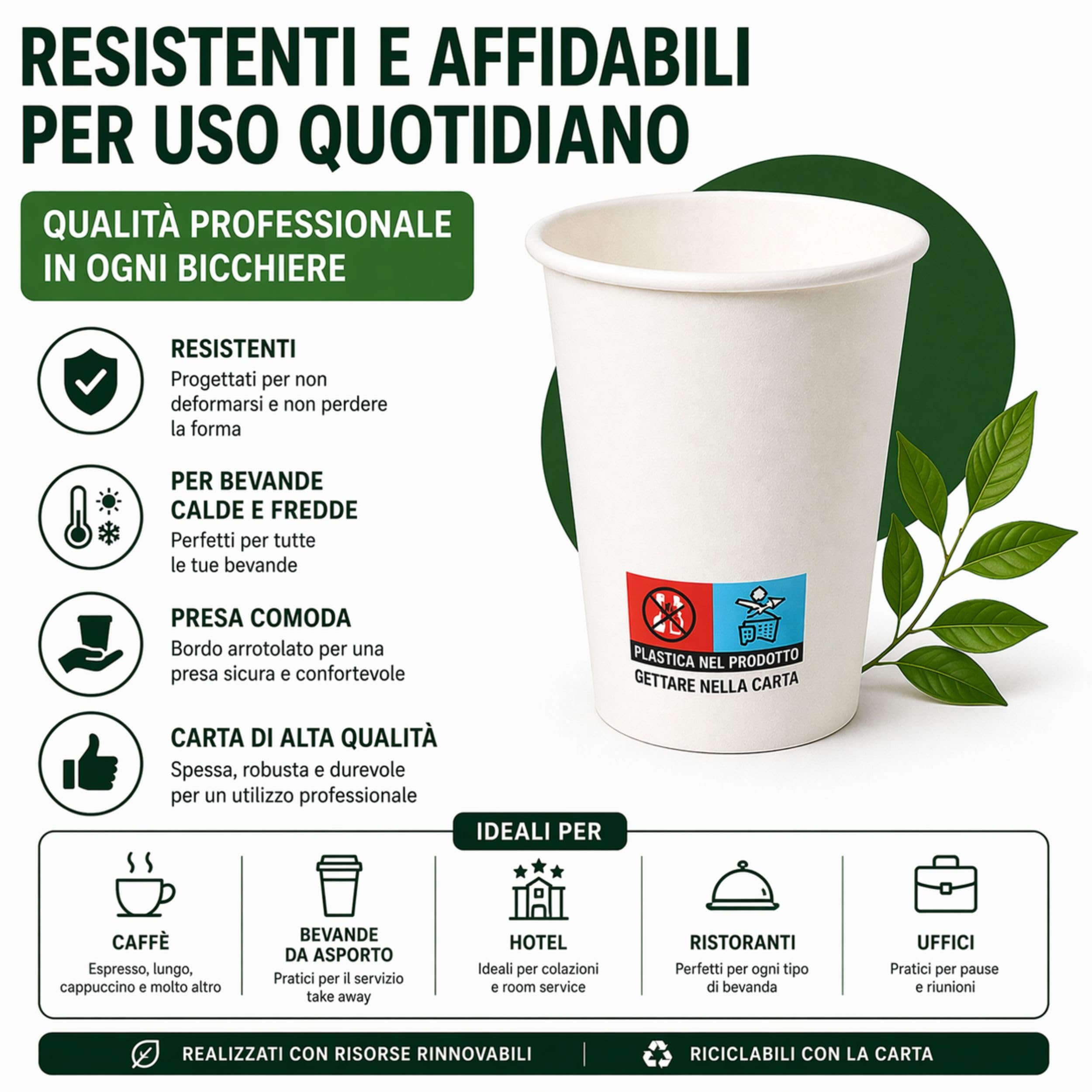 MP ECO SOLUTION 1000 Bicchieri Carta 200 ml Monouso Bianchi – Bicchieri Carta per Acqua e Bevande Calde – Ideali per Bar, Ufficio ed Eventi – Made in Italy
