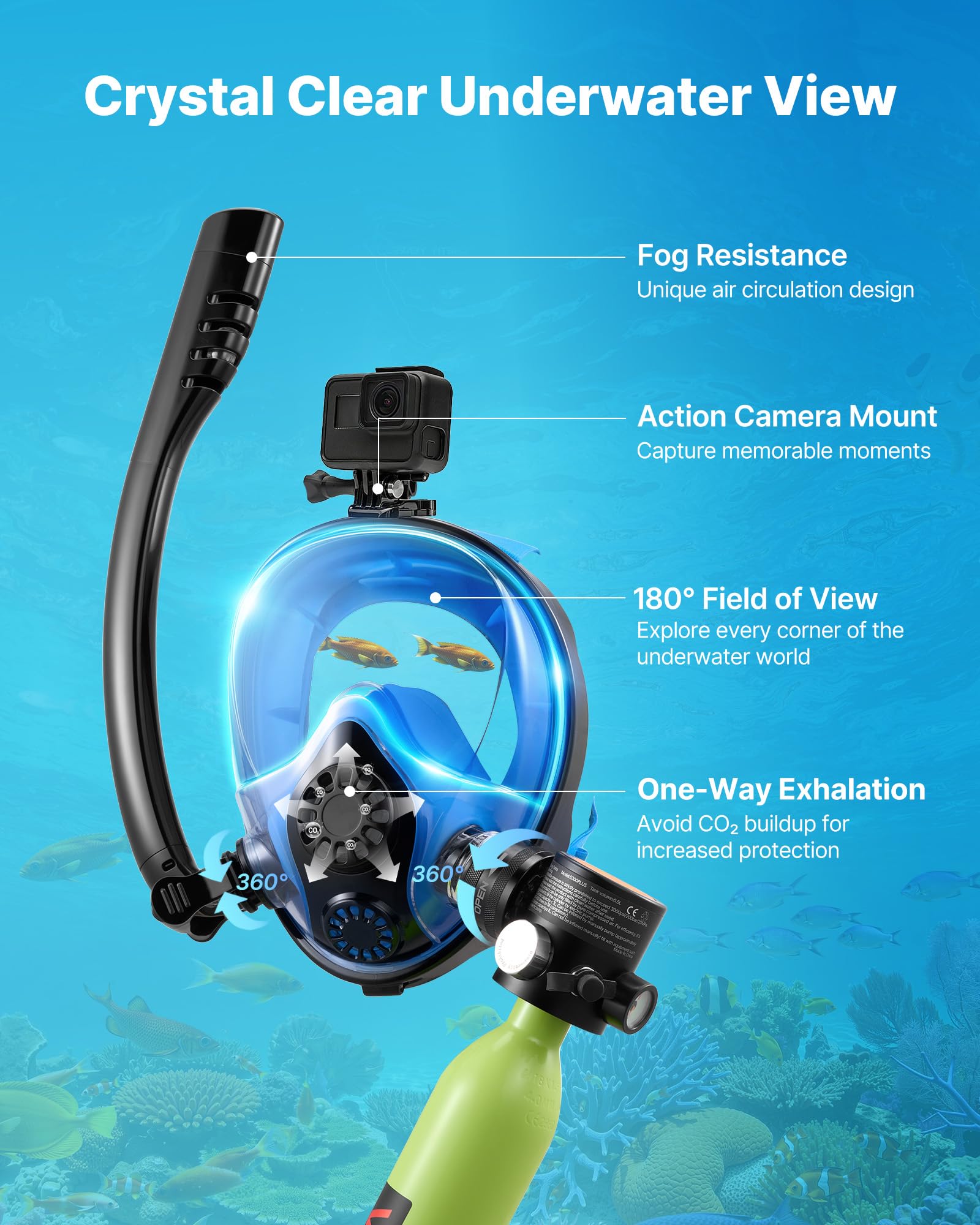 VEVOR Mini Bouteille de Plongée avec Masque sous-Marin, Bloc pour Plongée Portable 0,5 L, Réservoir pour Respiration sous-Marine, Réutilisable, jusqu'à 10 Minutes, avec Pompe pour Randonnée Palmée