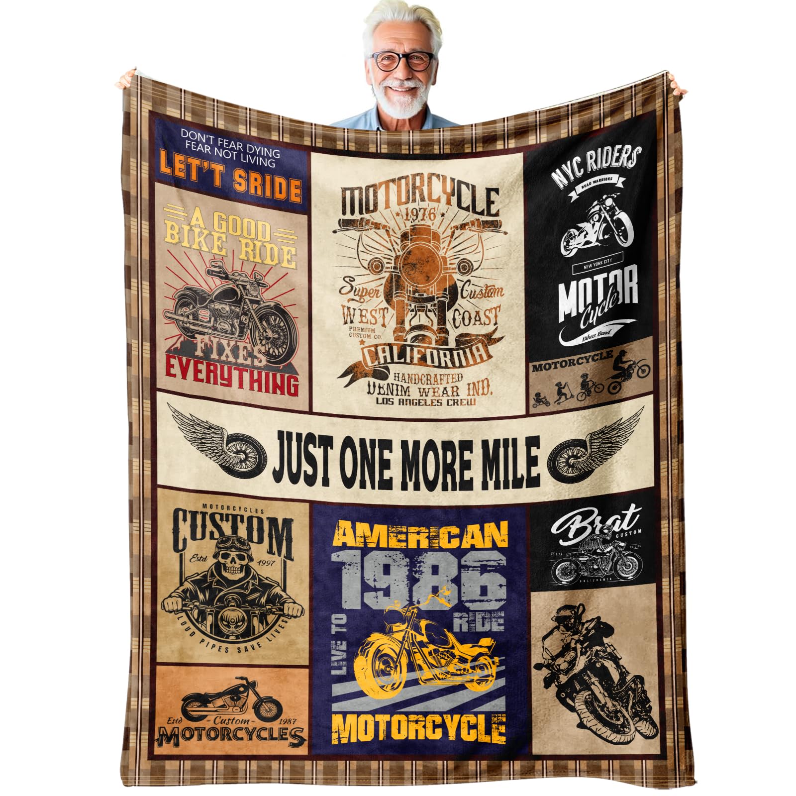 Motorcycle Throw Blanket Gift for Men – Vintage Biker Decor for Man Cave, Garage, Bedroom & Living Room, Chopper Style Sofa Bed Accent, Motorcycle