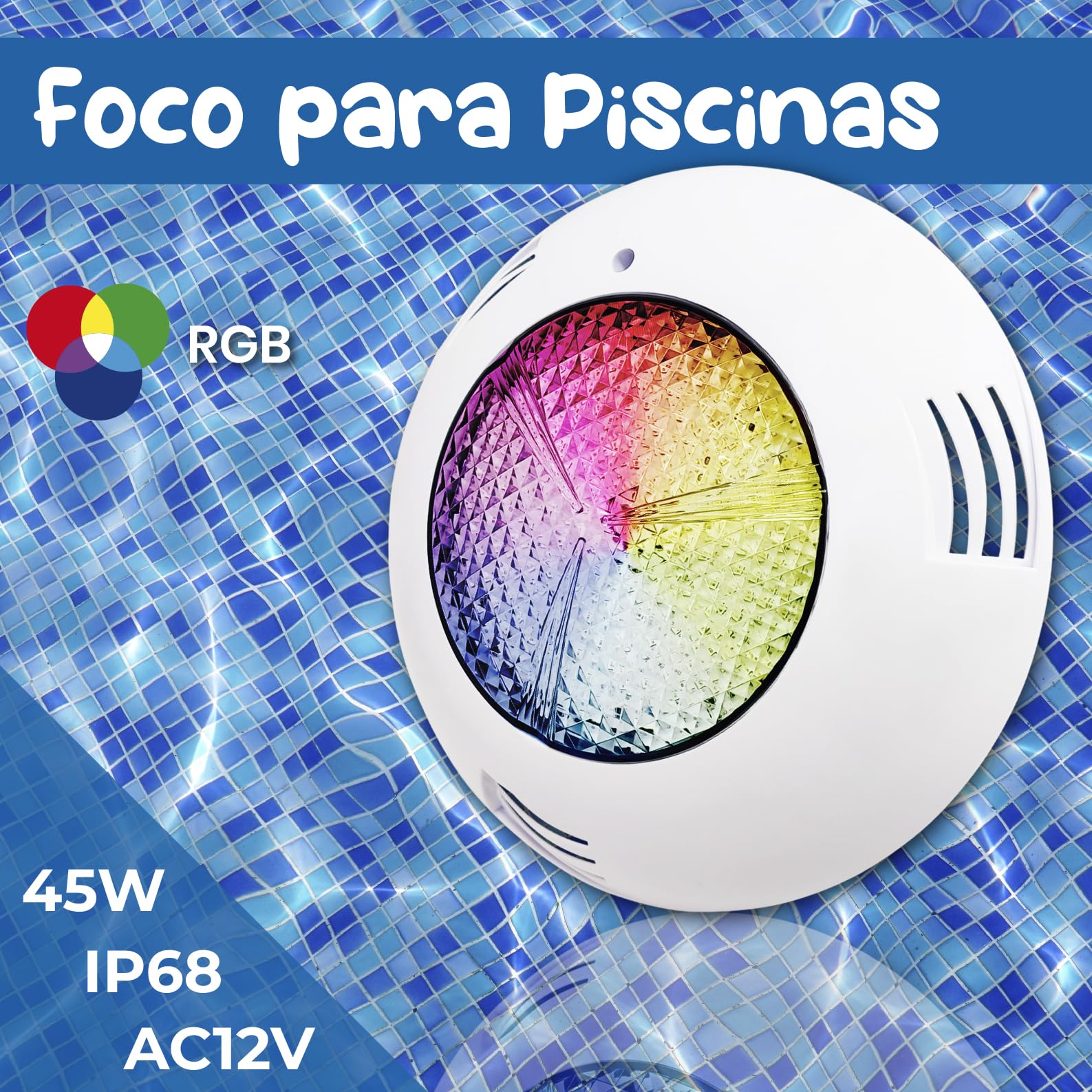 LED ATOMANT Foco de piscina LED 45W RGB, Luz para Piscina Impermeable IP68 Sumergible, Cable 1,5m, Con Transformador AC 220V/12V AC y Mando a distancia por control remoto