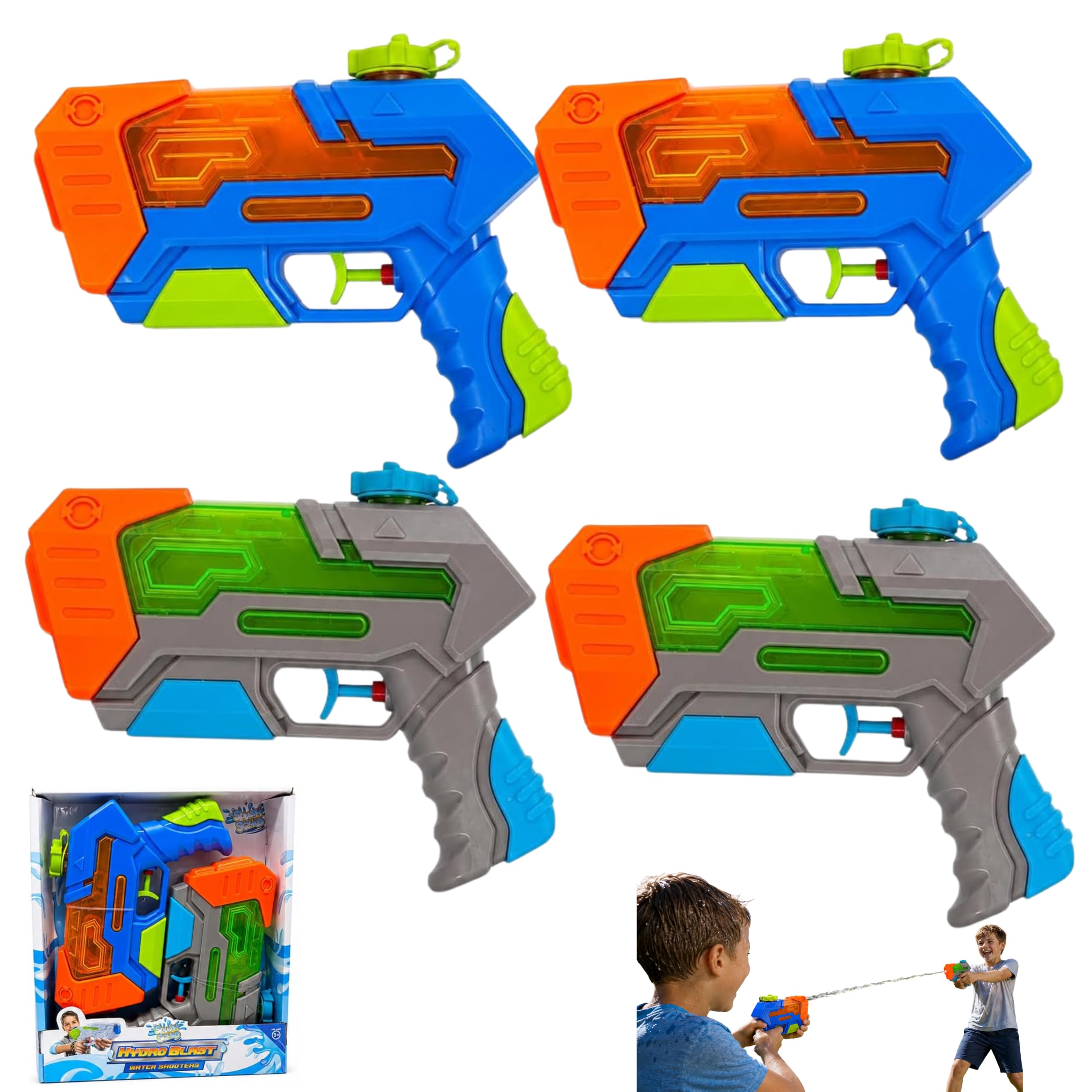 4Pcs Splash Squad Hydro Blast Water Blasters 20cm Kids Water Pistols 200ml Tank 7M Range Easy Fill Super Soaker Toys Outdoor Garden Beach Pool Water Fight Summer Party Blue & Grey