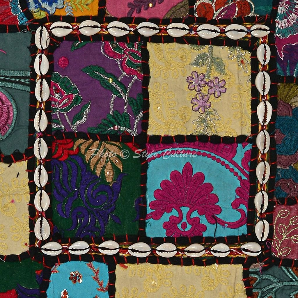 Federa Cuscino Etnico 40x40 Cm Rosso – Patchwork Kodi Con Conchiglie Ciprea E Nappe, Fatto A Mano, 1 Pezzo - 4