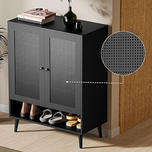 Miniatura 4 de Cozy Castle Gabinete de zapatos de ratán, armario de almacenamiento de zapatos de 5 niveles con puertas de ratán y estantes ajustables, gabinete