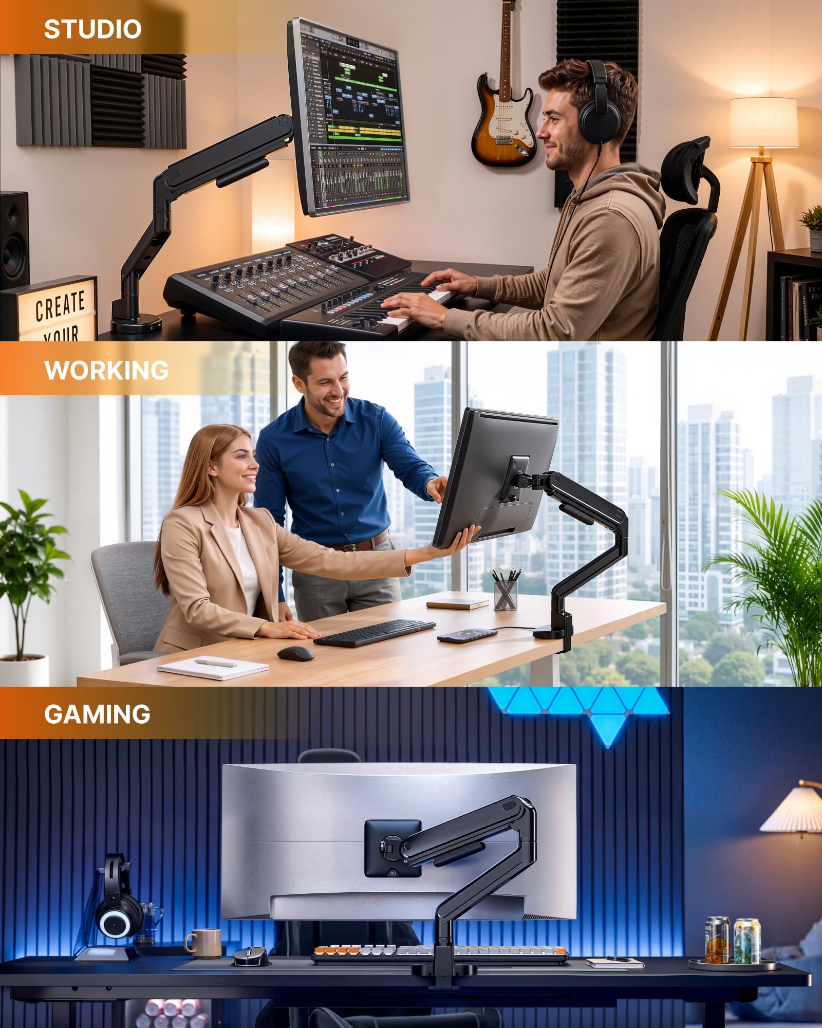 monTEK Braccio singolo per monitor con USB A/C, supporto regolabile per impieghi gravosi per schermi da 17″ a 40″, braccio Full Motions molla meccanica può contenere fino a 12 kg, VESA 75x75/100x100