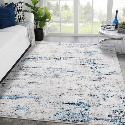 Area Rug Living Room Rugs: 3x5 Small Soft Indoor Carpet Modern Abstract Rug with Non Slip Rubber Backing for Under Dining Table Nursery Home Office Bedroom White Gray Blue