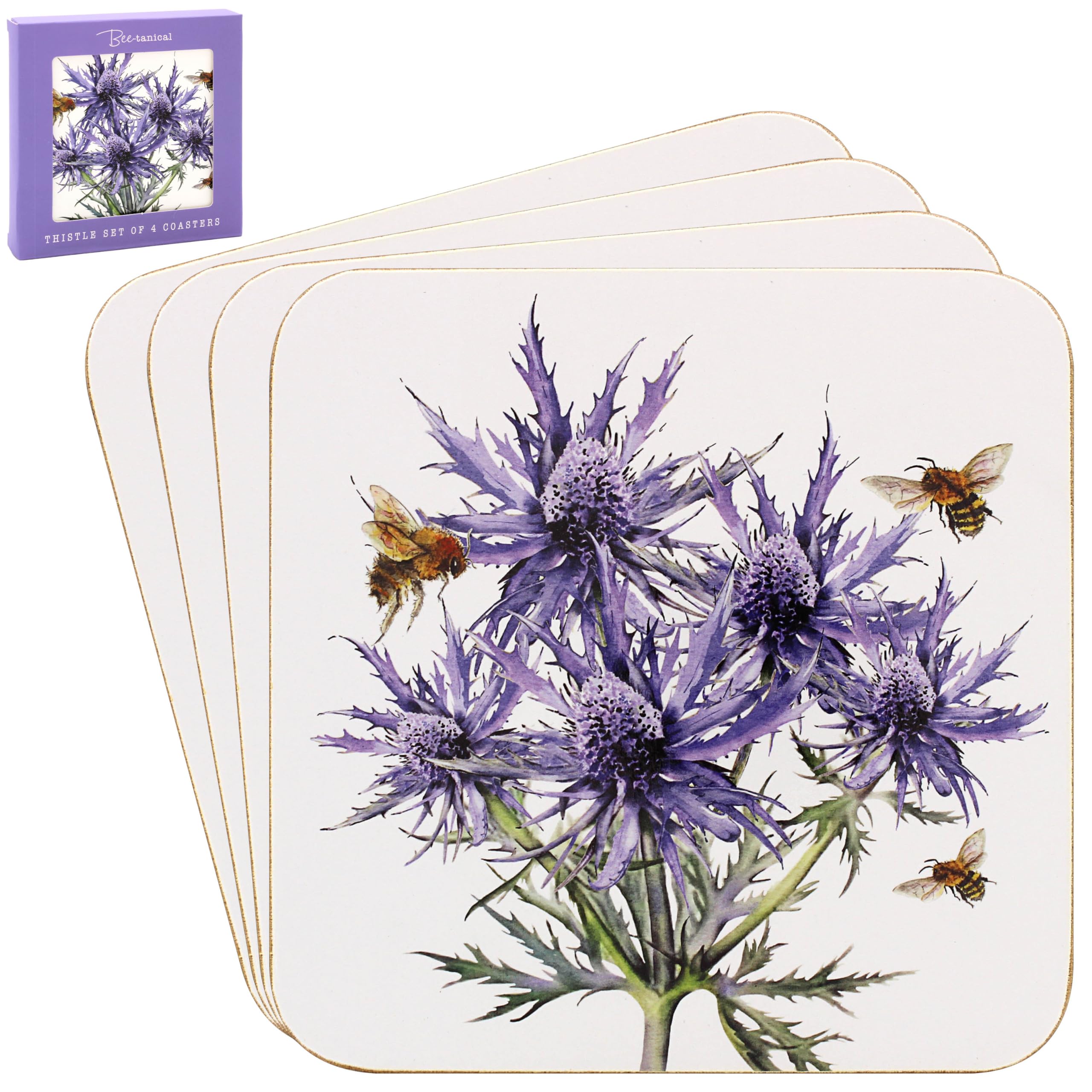 Lesser & Pavey Purple Sarah Boddy Bee-Tanical Thistle Coasters Set Of 4 For Office Home & Kitchen | Lovely Coaster Set For Decorative Home Accessories Drinks Coasters For Tea & Coffee
