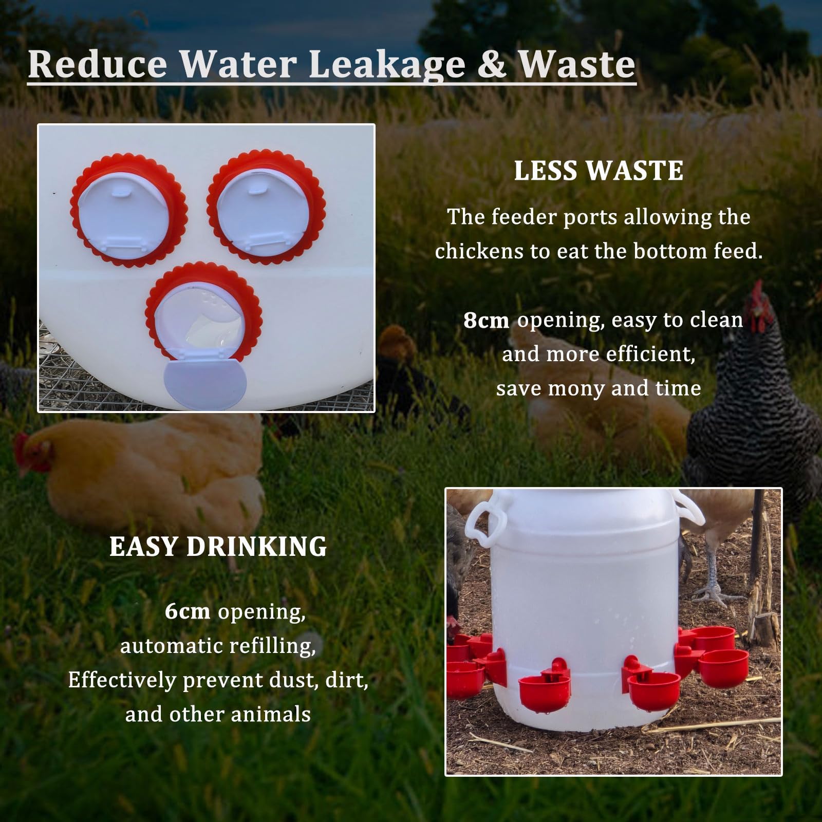 Set Mangiatoia e Abbeveratoio per Galline Polli, Plastica Resistente Alimentatore 50L con 10 Porte, Distributore Acqua 10L con 8 Tazze per Pulcini Anatre Pollame(Color:Bianco)