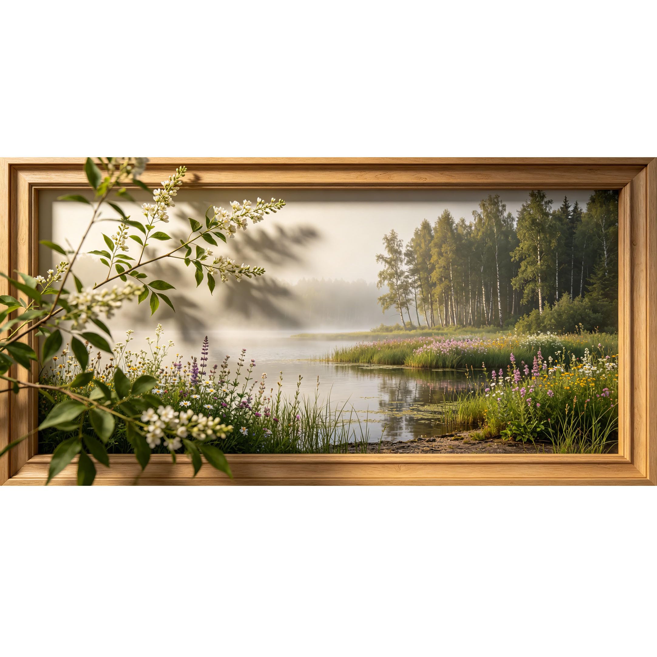 Agglomerix 3D Framed Wall Art Misty Lake Forest Wildflowers Botanical Landscape Large Size SelfAdhesive Removable Wall Decor Prints Artwork for Living Room Bedroom Office
