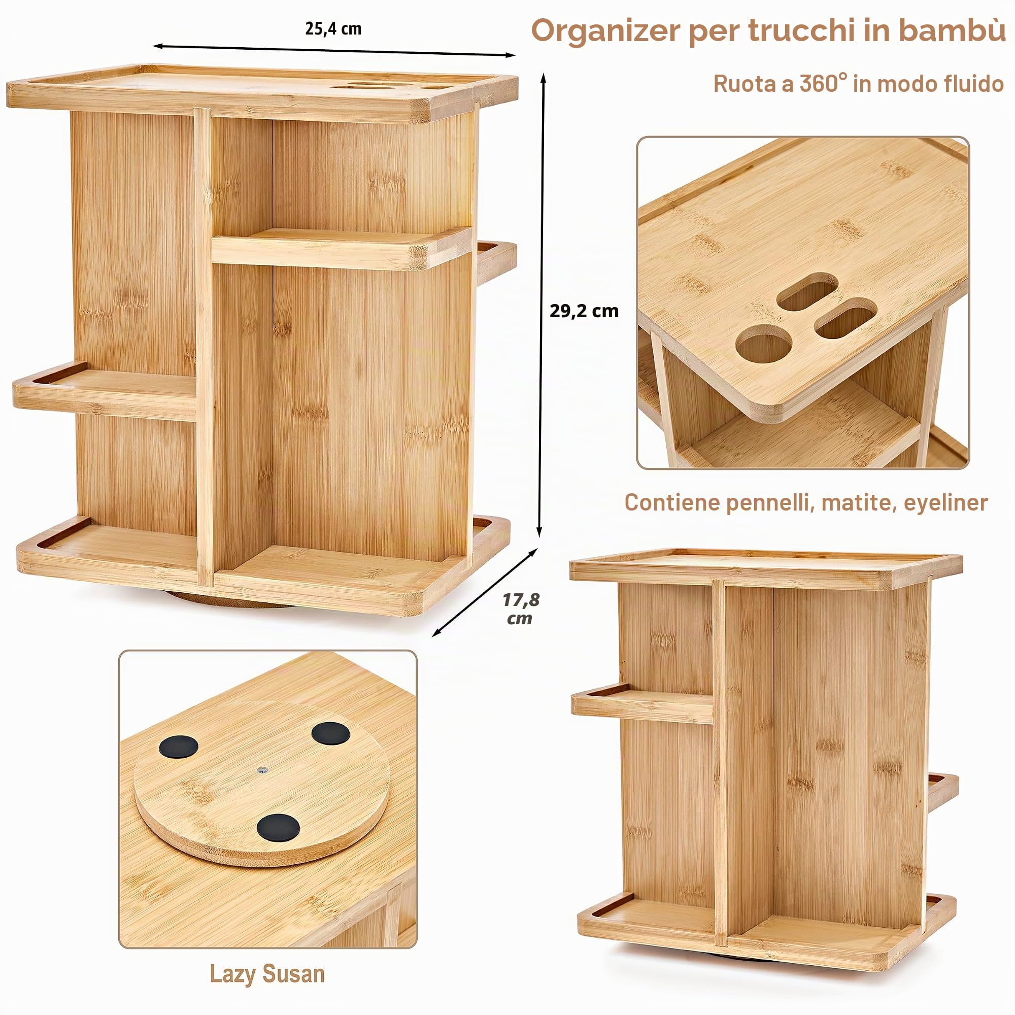 Sorbus Organizzatore per trucchi a 360°, in legno di bambù, per cosmetici, cura della pelle, organizer rotante per trucchi da toeletta, contenitore per bagno