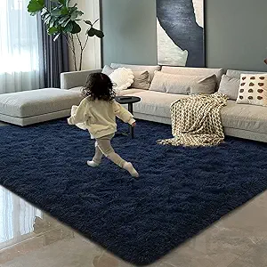 HOMORE Luxury Fluffy Area Rug Modern Shag Rugs for Bedroom Living Room, Super Soft and Comfy Carpet, Cute Carpets for Kids Nursery Girls Home, 4x6 Feet Navy