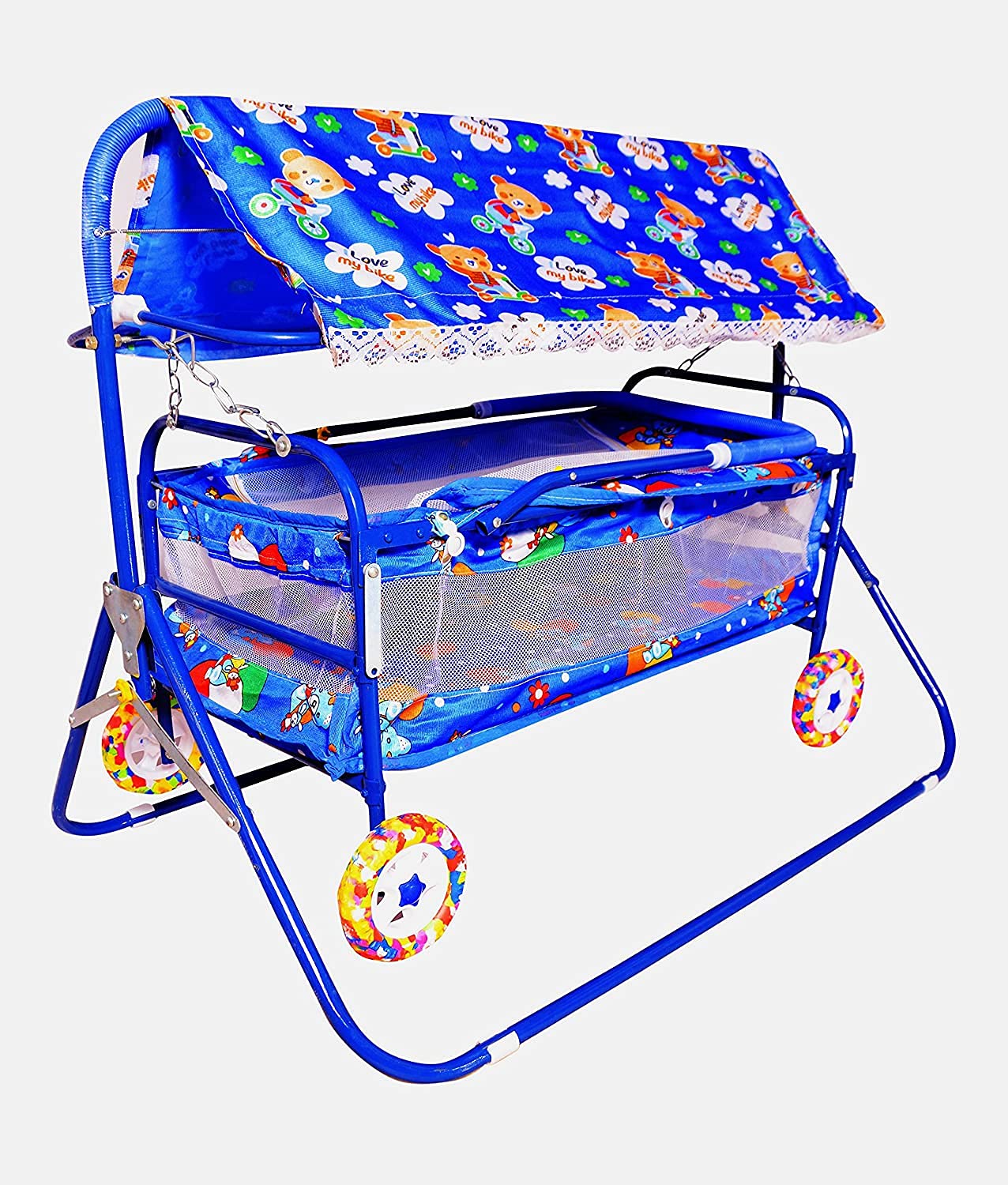 AVANI METROBUZZ Mosquito Net Jhulla Cradle with Swing for New Born Baby 1-2 Years Babies-Newborn Baby Cotton Baby Sleep Swing Cradle-Baby Jhula Jhoola Set with Mosquito Net and Spring (EvaBlue)
