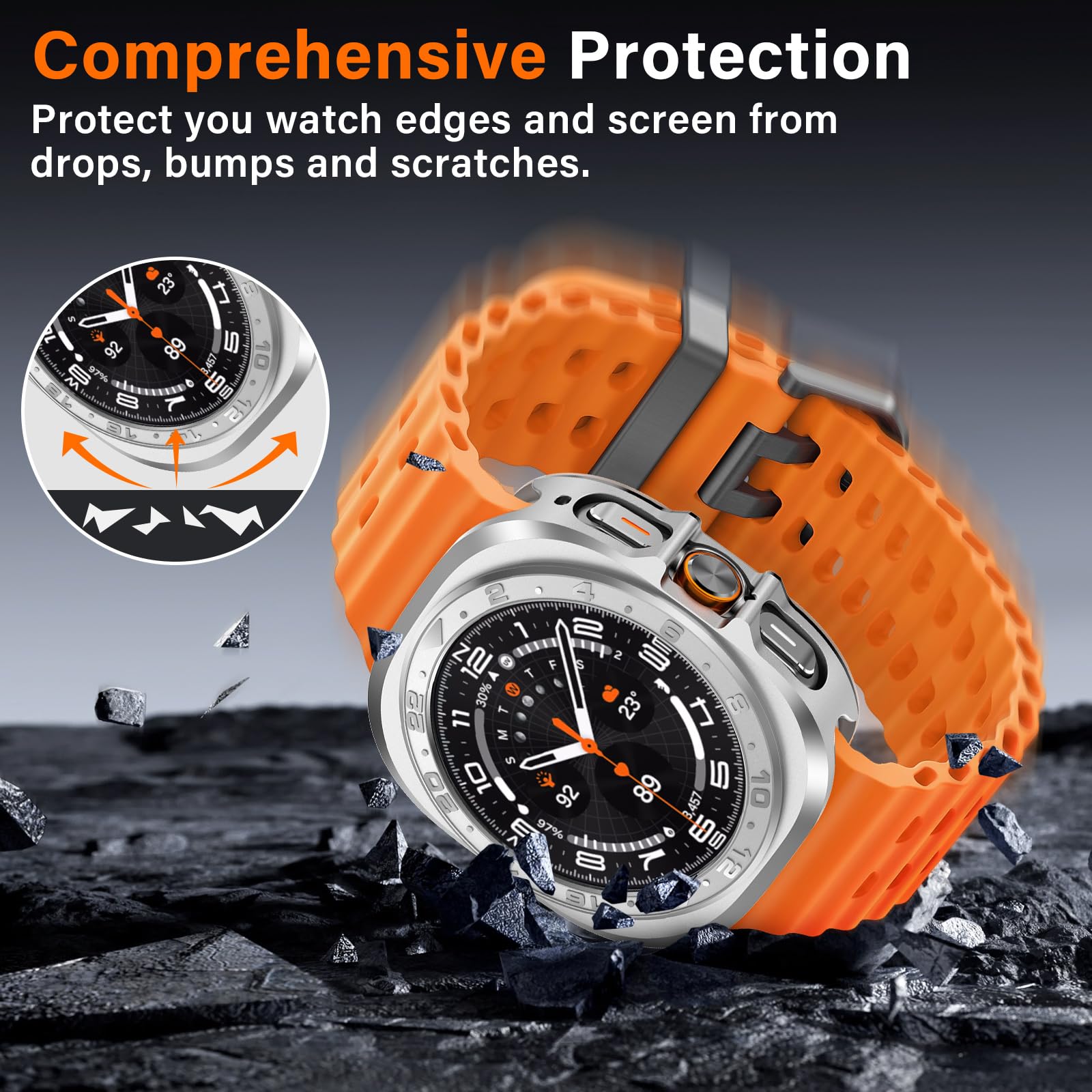 Amizee Numeryczna metalowa obudowa kompatybilna z Samsung Galaxy Watch Ultra/Ultra2 z osłoną ekranu 47 mm, twarda ultra cienka tylna obudowa zderzaka do Galaxy Watch 7/8 Ultra, srebrna