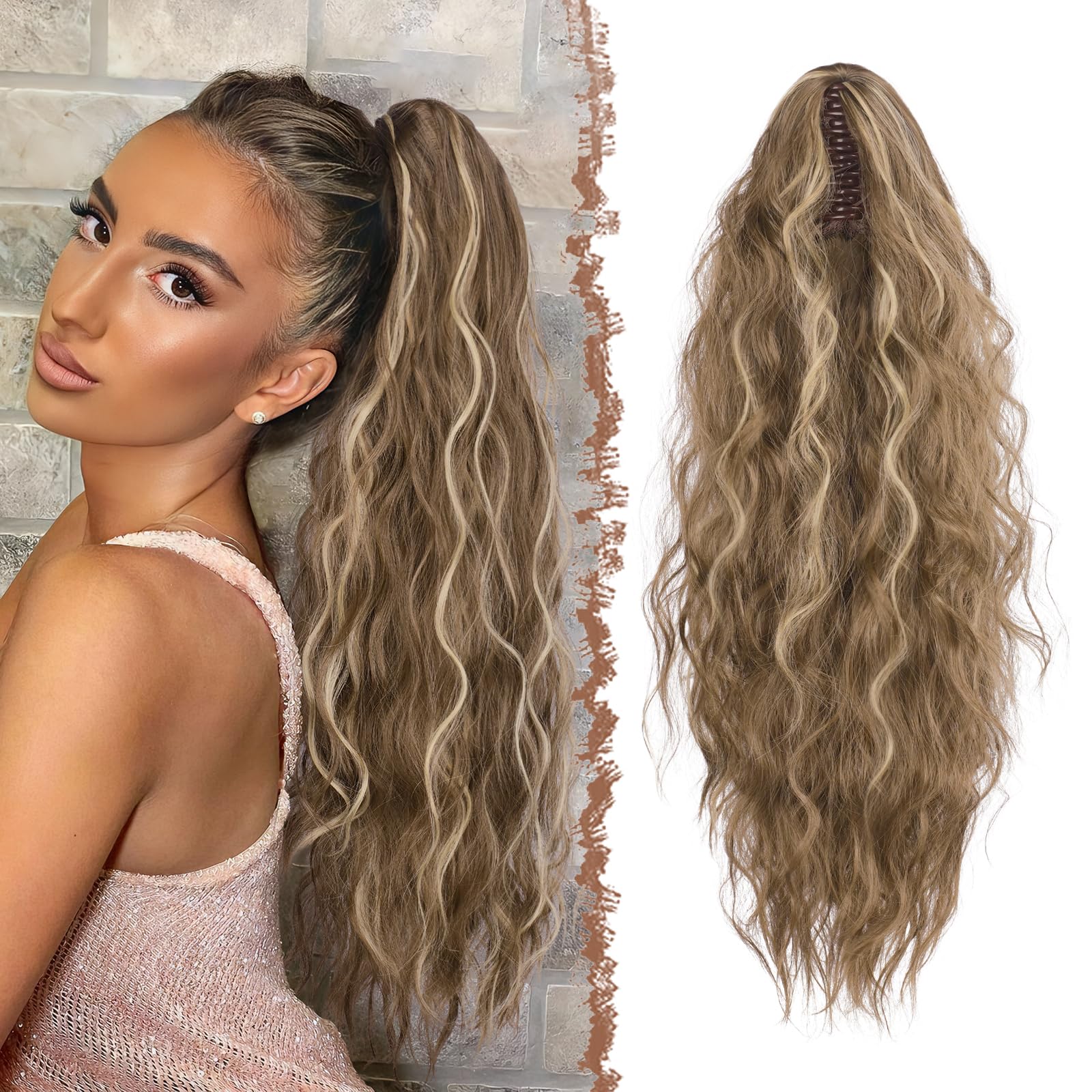 FESHFEN Claw Clip Ponytail Extensions, Long Pony Tail Hair Piece Wavy Curly Synthetic Hairpieces for Women Light Brown & Blonde 26 inch