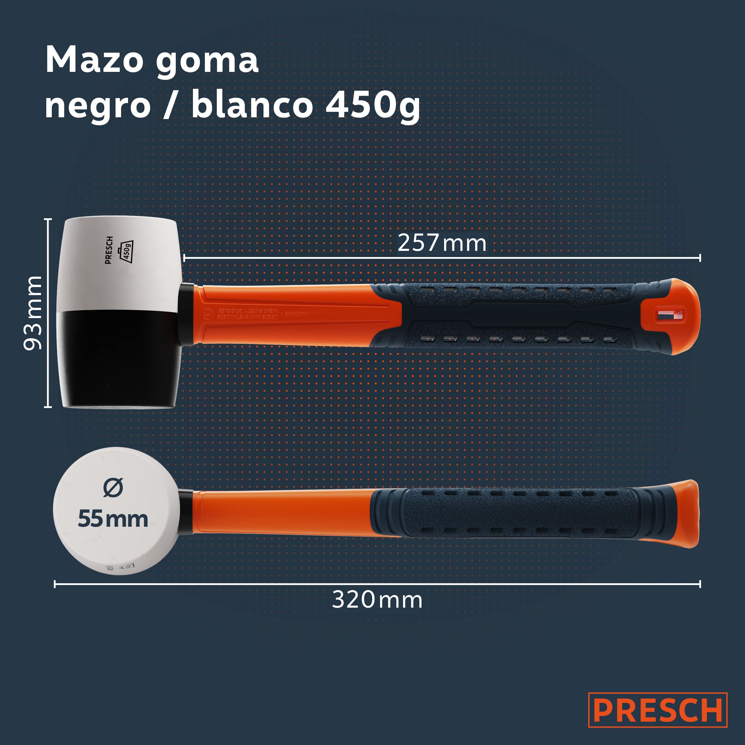 Presch Mazo de goma negro/blanco 450g - Martillo de goma dura con mango de fibra de vidrio | ⌀=55mm - Mazo de caucho polivalente para muchos usos
