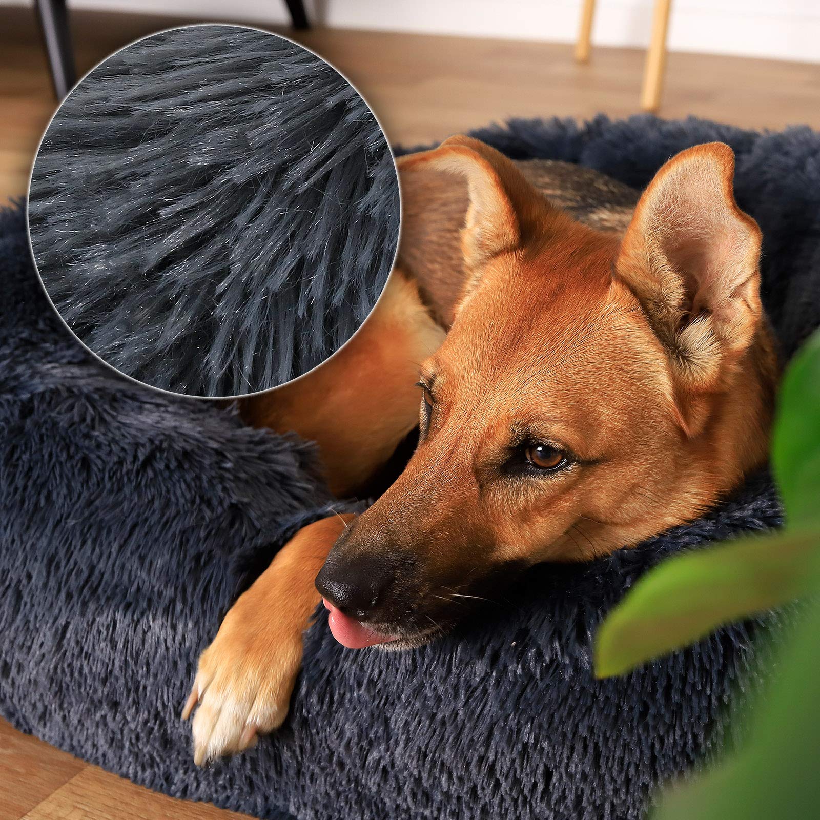 lionto Donutbett für Hunde und Katzen, Flauschiges Hundebett rund für kleine und große Heimtiere, Ø 80 cm, weiches Katzenbett aus kuscheligem Plüsch, Hundekissen mit extra Dicker Füllung, dunkelgrau