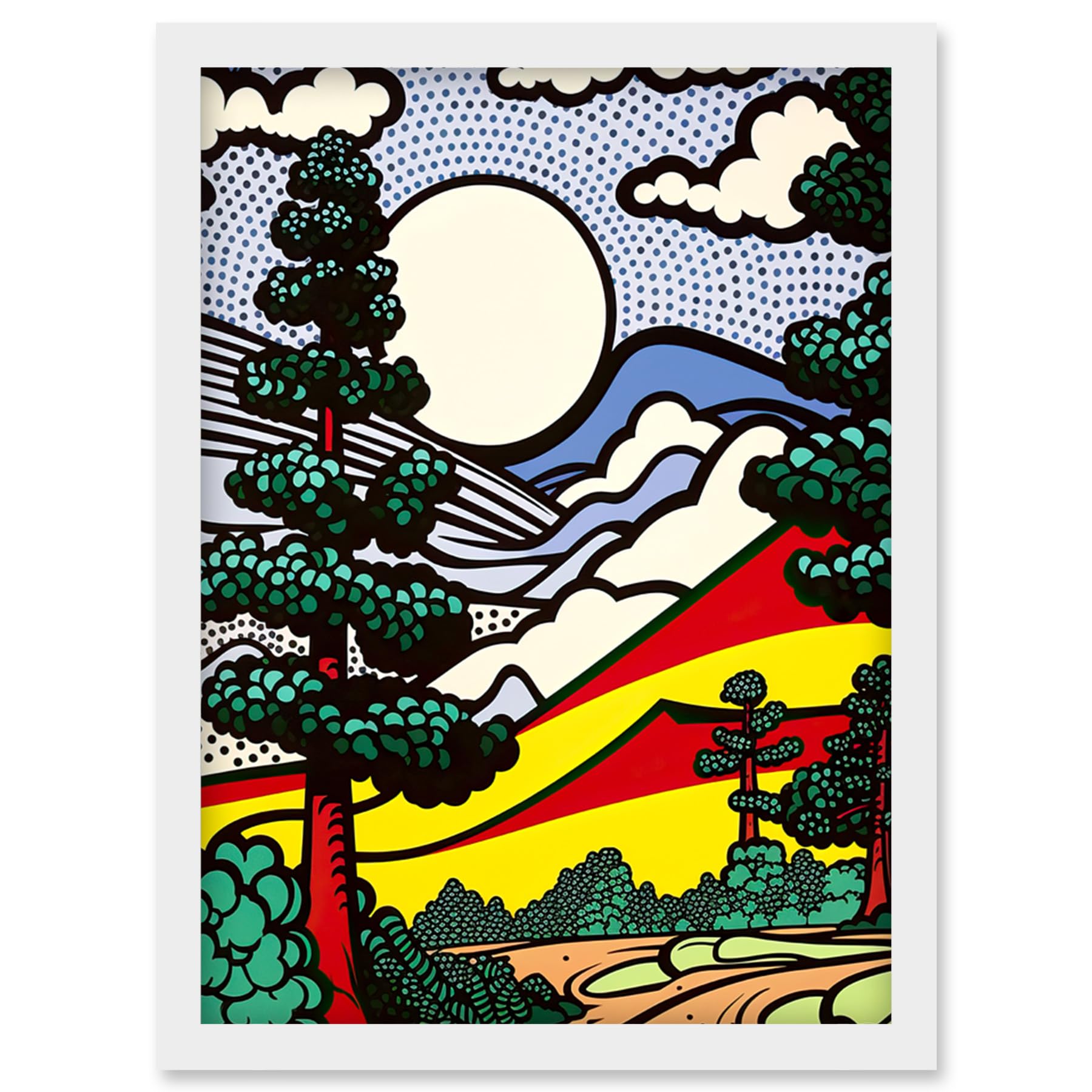 Artery8 Modern Pop Art Forest Mountain Landscape Bright Colourful Comic Book Style Halftone Artwork Framed Wall Art Print A4