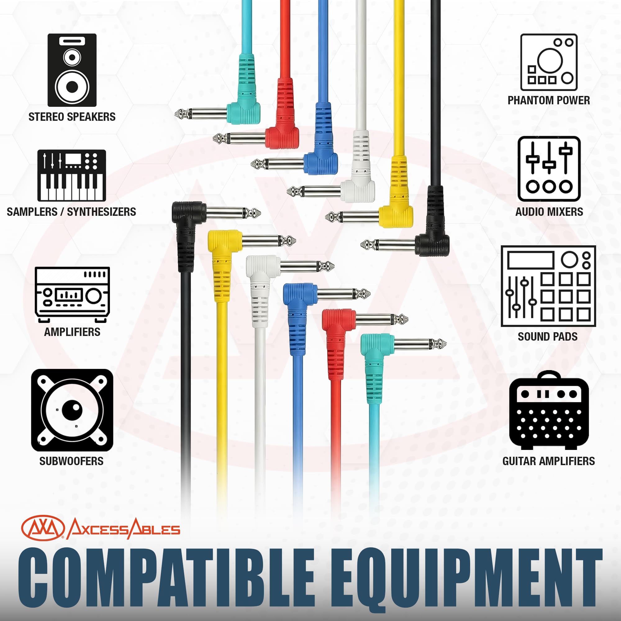 AxcessAbles - Cavo patch sbilanciato TS mono ad angolo retto ad angolo retto per chitarra, basso, pedaliera, mixer e apparecchiature audio, 6,3 cm, multicolore