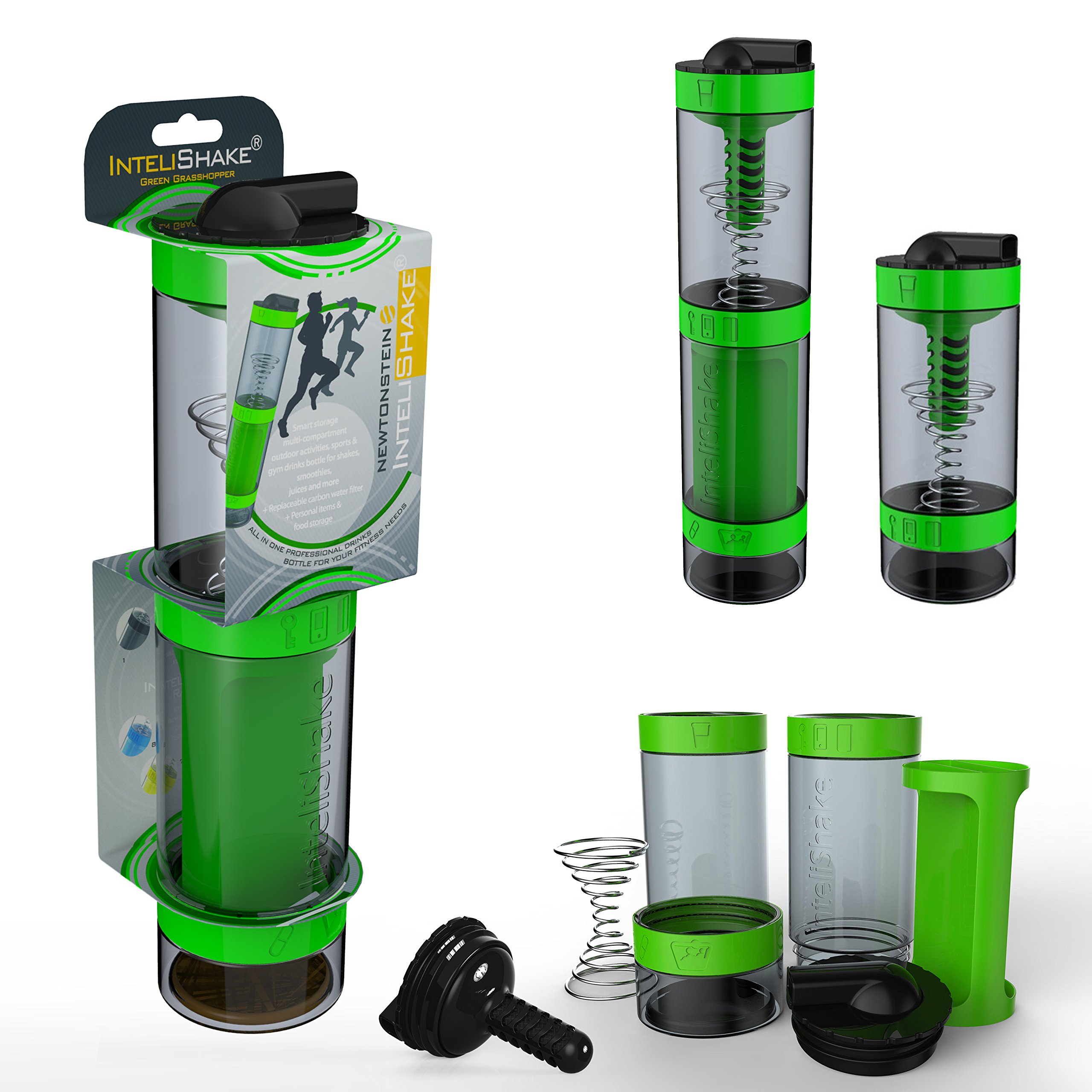 Intelishake - Smart Multi-Compartment Protein/Workout/Juice Shaker bottle (2 x 500ml) with water carbon filter for Sports, Exercise & Gym - Grasshopper Green