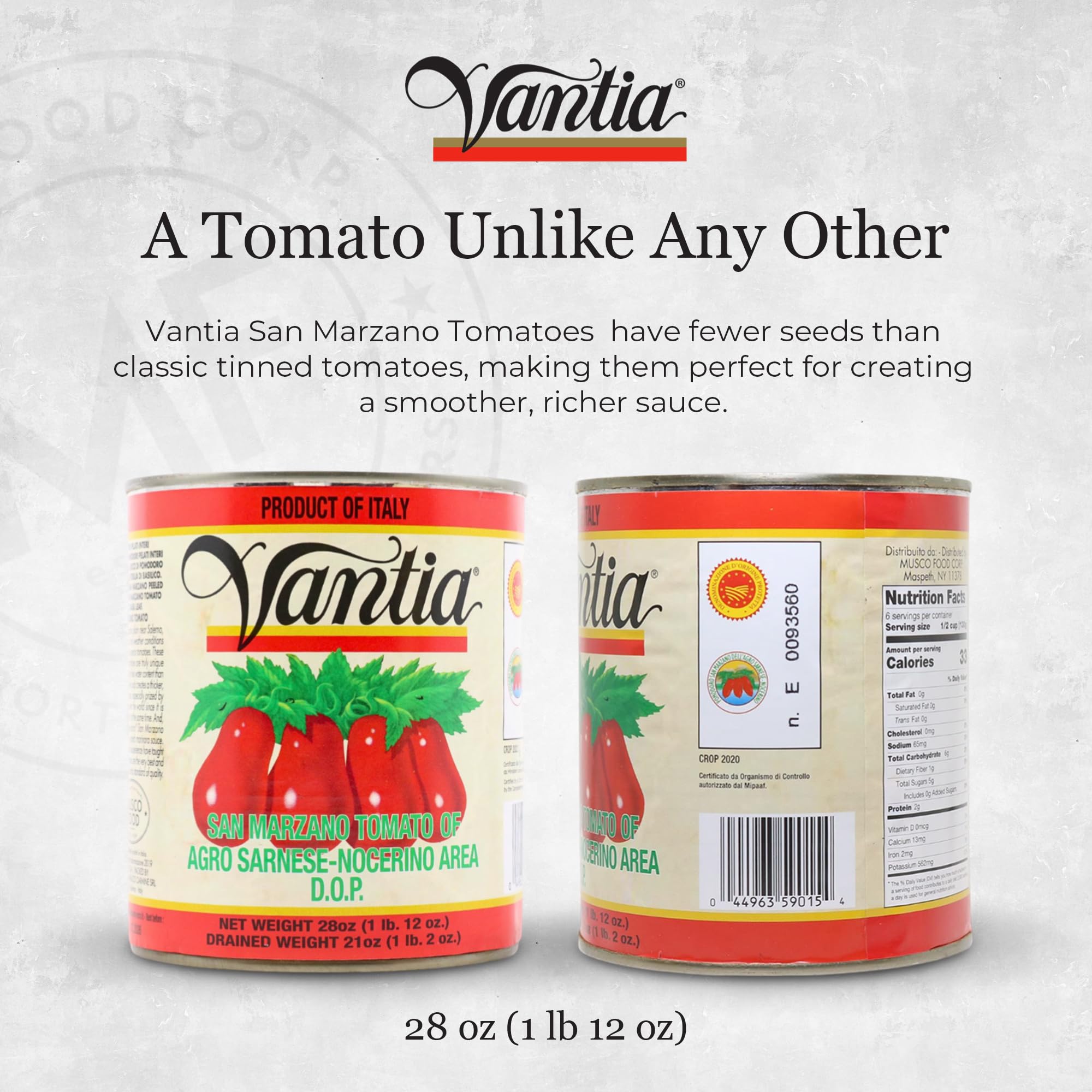 Vantia D.O.P. San Marzano Tomatoes 28 oz Can – Imported Italian Certified Tomatoes from Agro Sarnese-Nocerino, Sweet & Low-Acid, Ideal for Authentic Pizza & Pasta Sauces