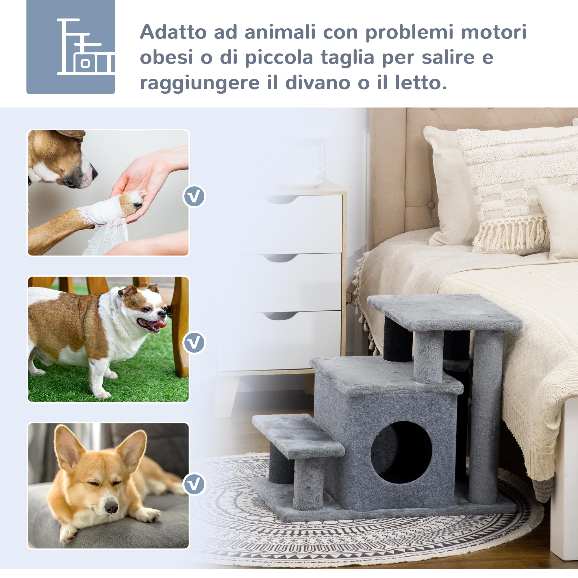 PawHut Scaletta per Cani con Gradino Rimovibile, Pallina Giocattolo e Area Interna, Scalini per Cani in Truciolato, Peluche e Sisal, 60x40x66 cm, Grigio