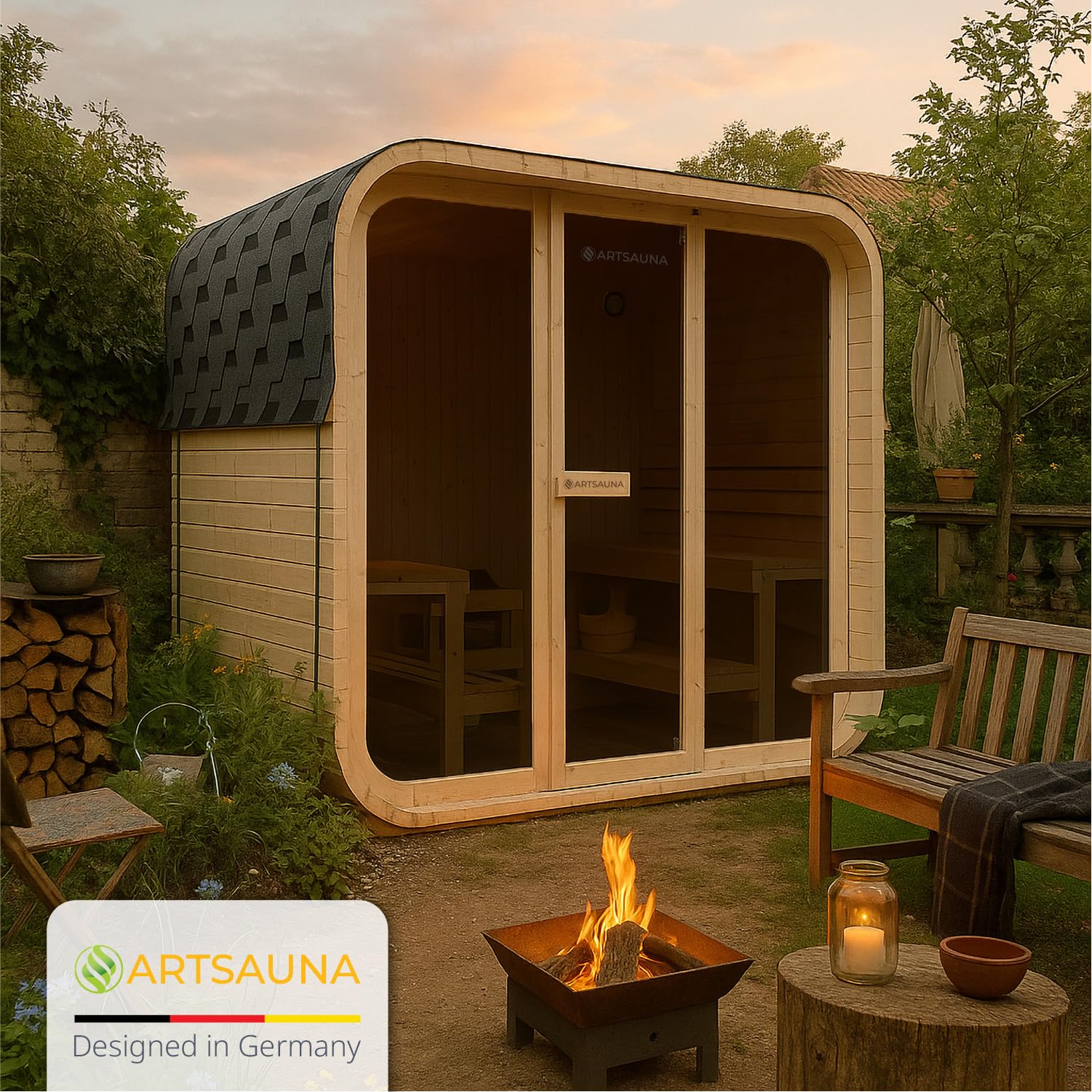 Artsauna Fasssauna Fjora Outdoor-Sauna Fichtenholz 6 Personen 9 kW Ofen LED-Beleuchtung Zubehörset