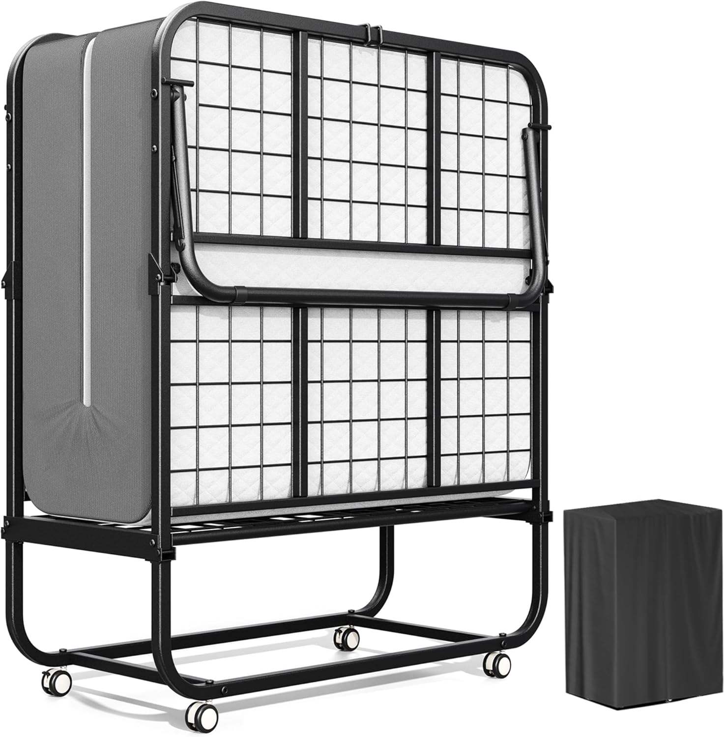 Greenvelly Folding Bed in folded state with dust cover