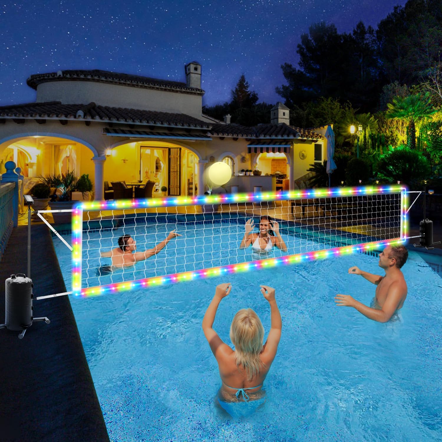 Pool Volleyball Net Set with Solar LED Lights, Adjustable 15-32ft Water Volleyball Net for Inground Pools with Glow Ball, Pump & Weighted Bases, Outdoor Pool Games for Kids Adults Family