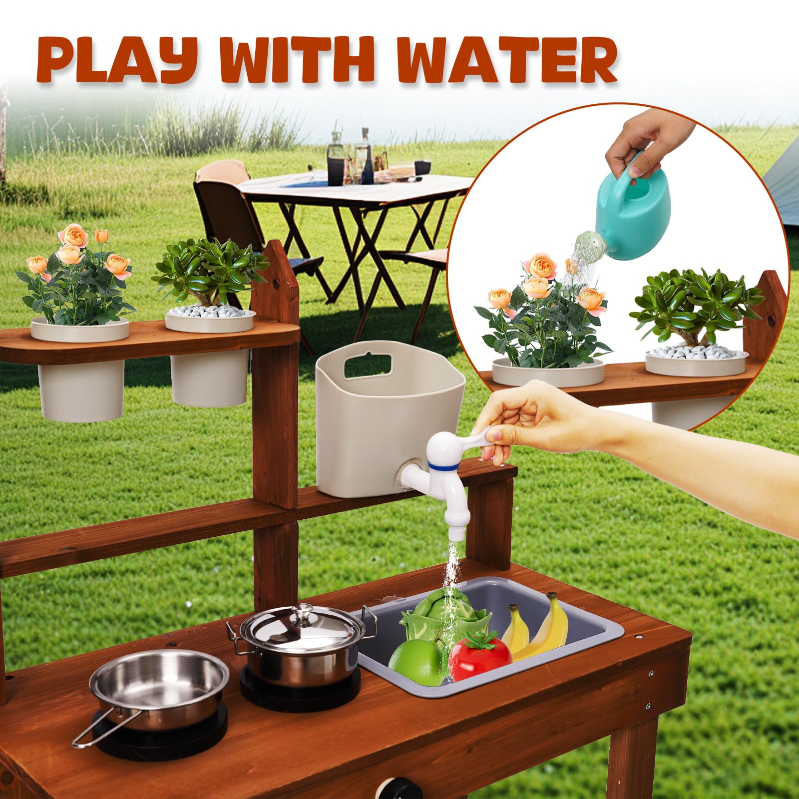 Cocina de Barro para Niños,Cocinita de Madera Infantil con Fregadero Grifo,Equipo de Juego al Aire Libre para Niños,Cocina Exterior Juguetes al Aire Libre para Baby de 2 Años en Adelante