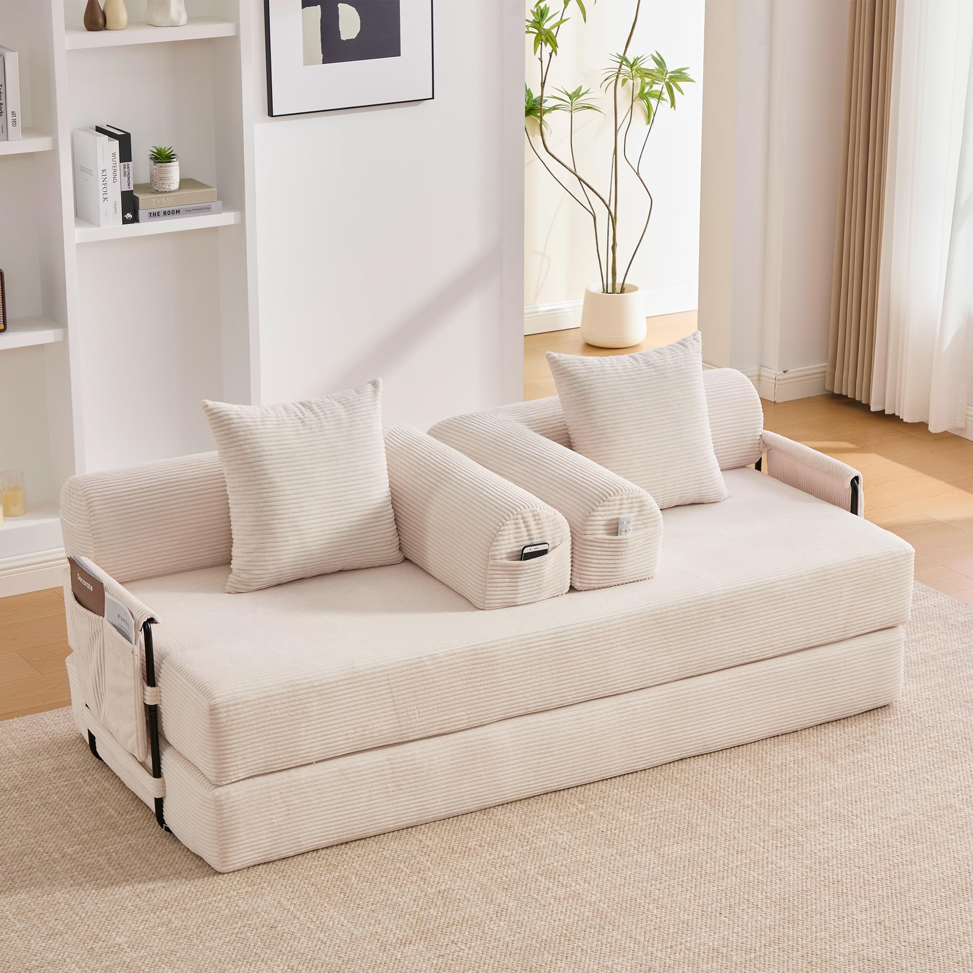 Sofá de compresión plegable para salones pequeños con bolsillos laterales beige