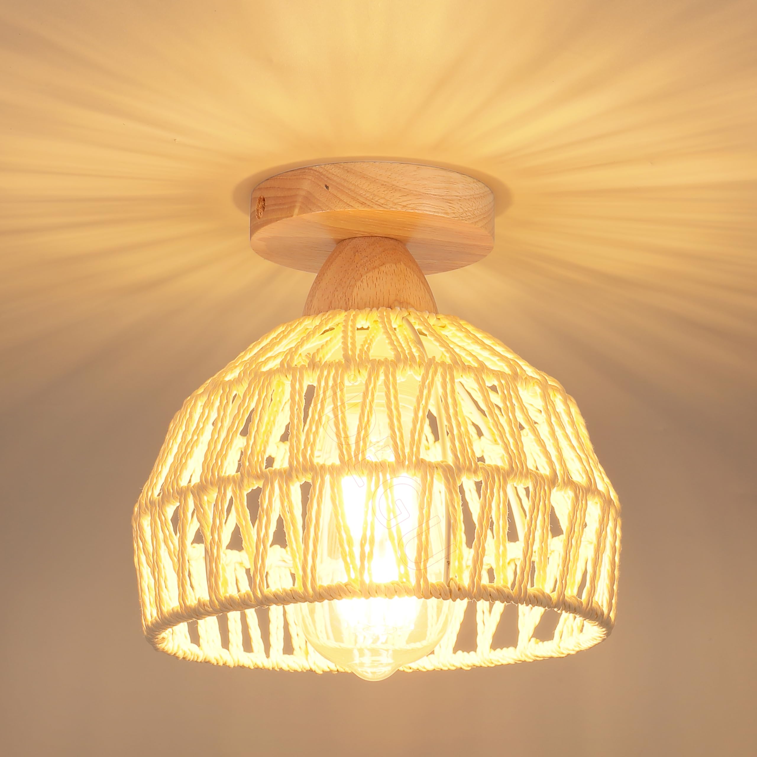 iDEGU - Lámpara de techo industrial vintage de madera y ratán jaula para lámpara de techo E27, iluminación para decoración de dormitorio, entrada, pasillo, restaurante (20 cm, ratán blanco)
