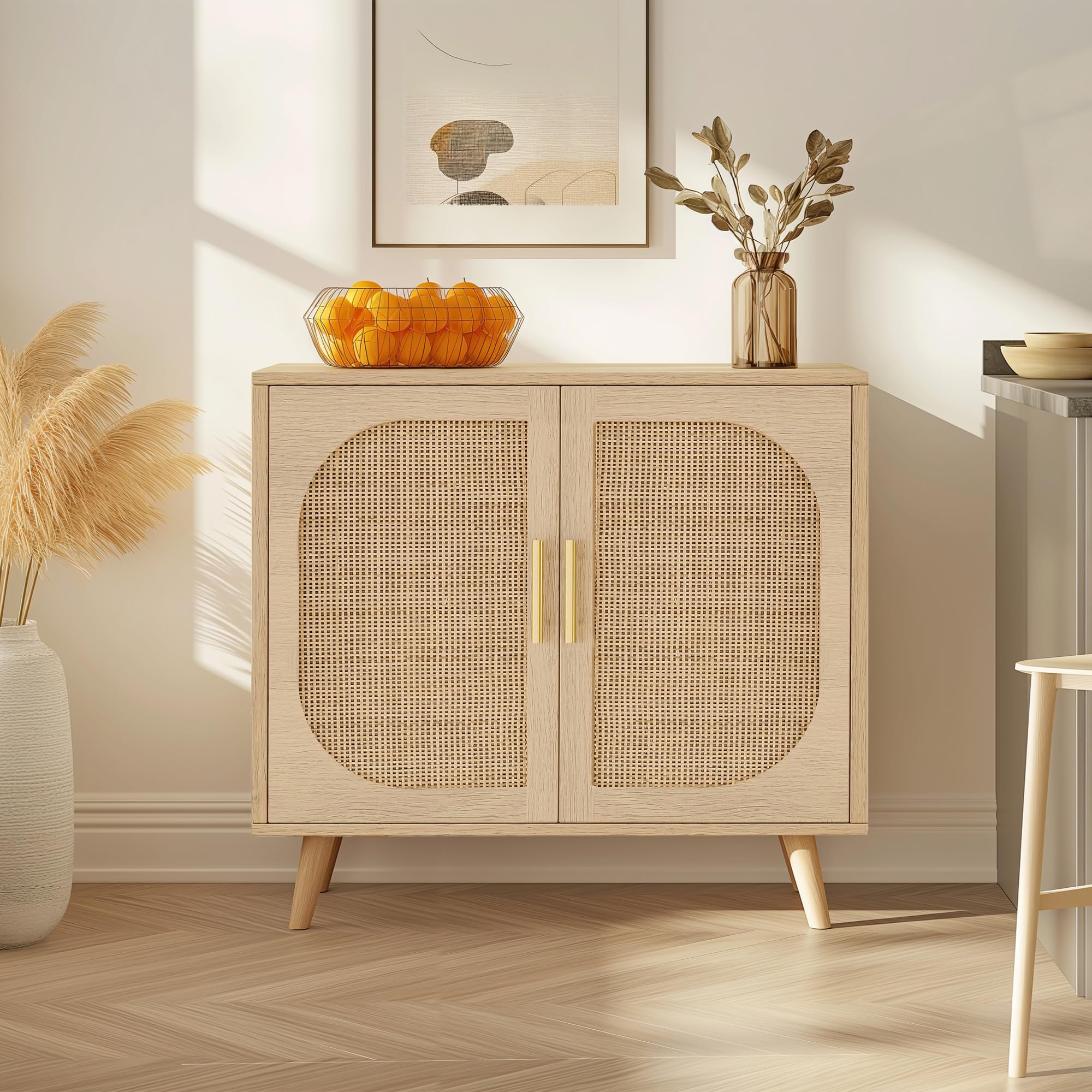 Coffee Bar, 2-Door Rattan Storage Cabinet, Sideboard Buffet Cabinet with Adjustable Shelf, Small Cabinet for Living Room, Entryway, Home Office, Natural