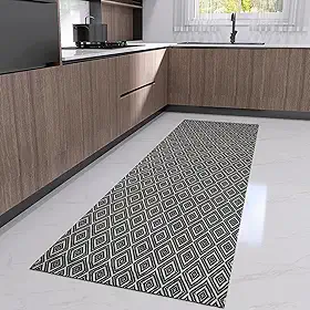 Tapete Passadeira Cozinha 45cm x 2,00m Artesanal Geométrico Moderno Cru Caramelo Preto Antiderrapante (Preto)
