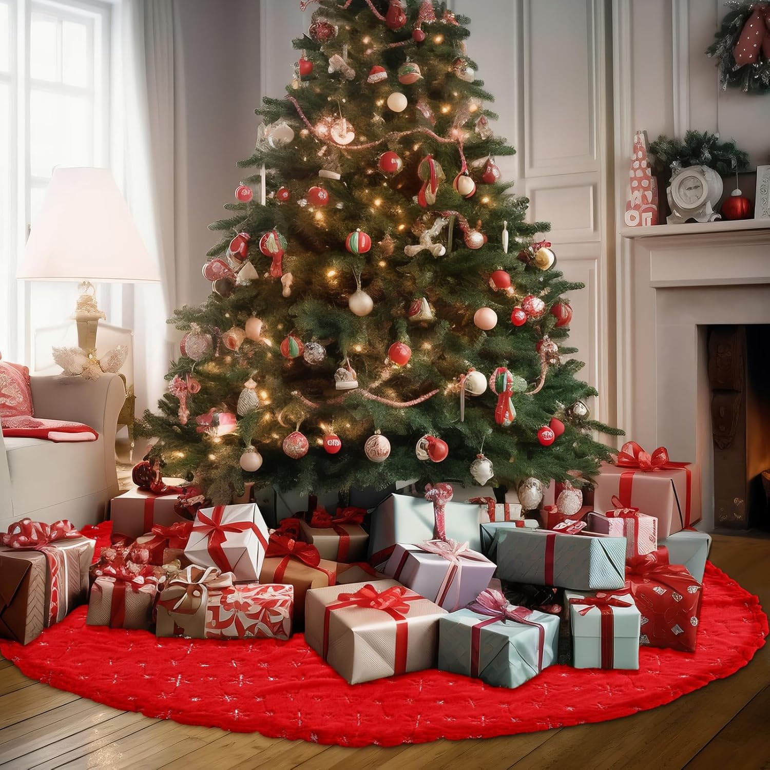 Libima 70 Inches Large Christmas Tree Skirt Faux Fur Red Xmas Tree Skirt Plush Velvet with Silver Sequins Snowflakes for Xmas Decorations Merry Christmas Party Winter Holiday Ornaments