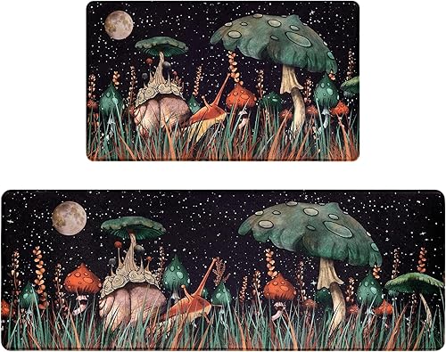 ASPMIZ Juego de 2 alfombras de cocina con diseño de hongos, acolchadas, antifatiga, color negro, antideslizantes, impermeables, para frente del