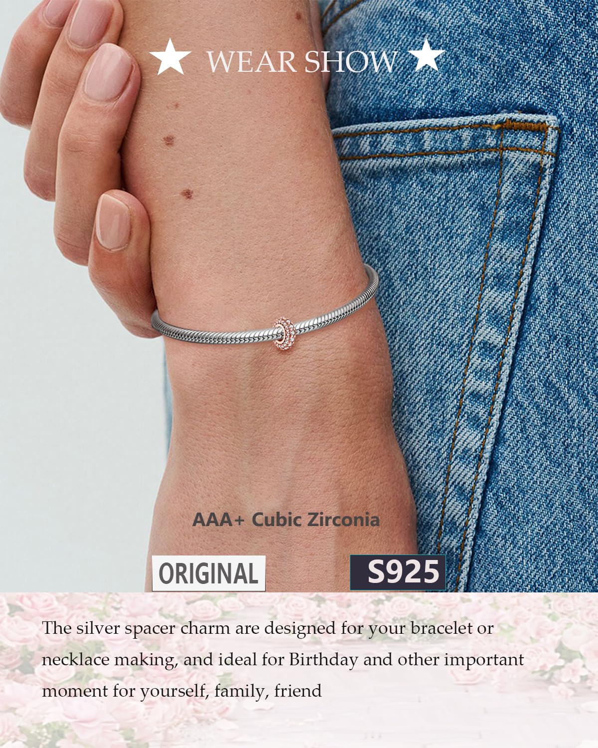 KEQ Breloque à clip en argent sterling 925 avec zircone cubique 5A pour bracelet et collier - Cadeau de Noël, fête des mères pour femme