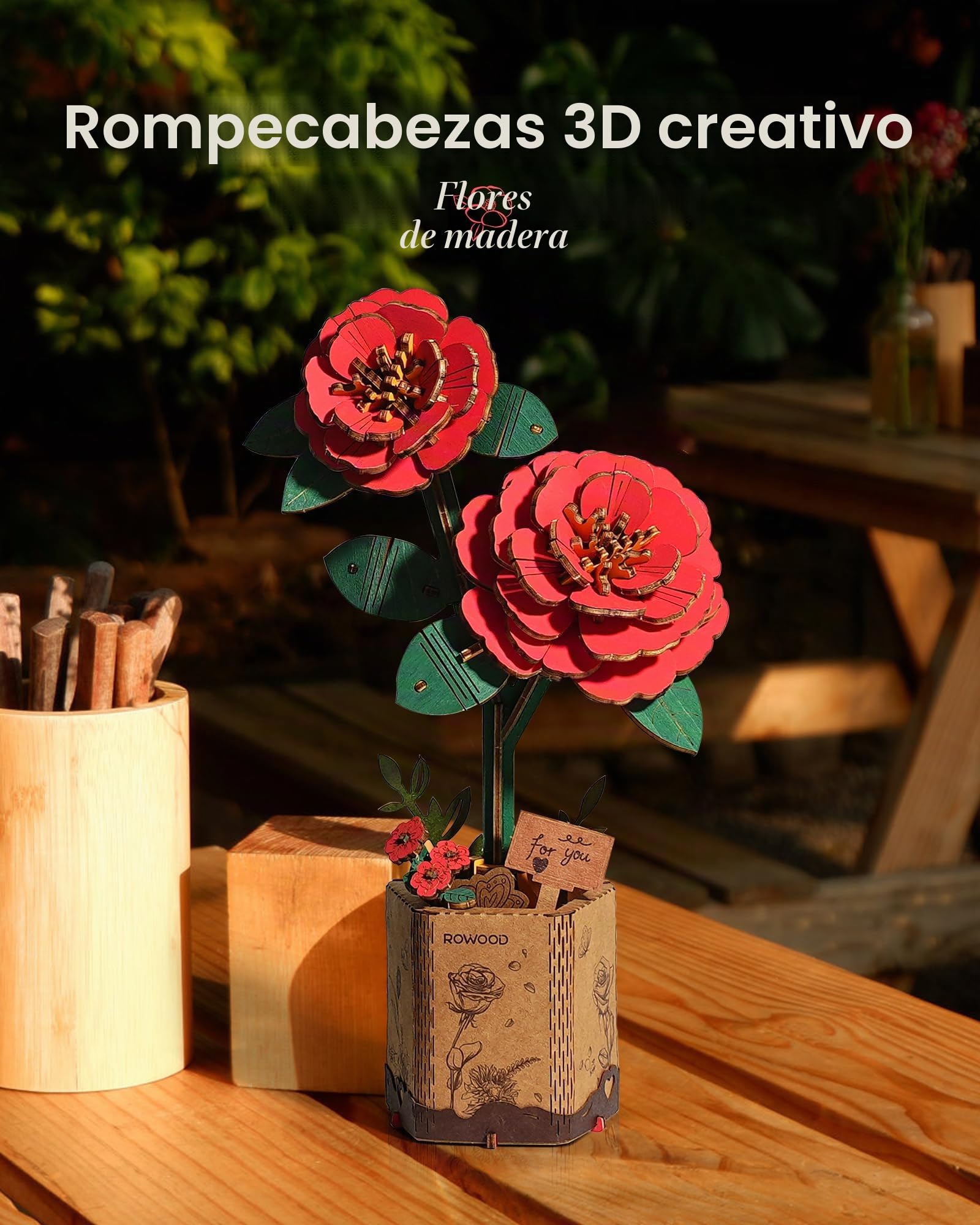 rowood Puzzle 3D DIY Flor de Madera Maqueta de Flores Artificiales para Montar Adultos (Red Camellia)