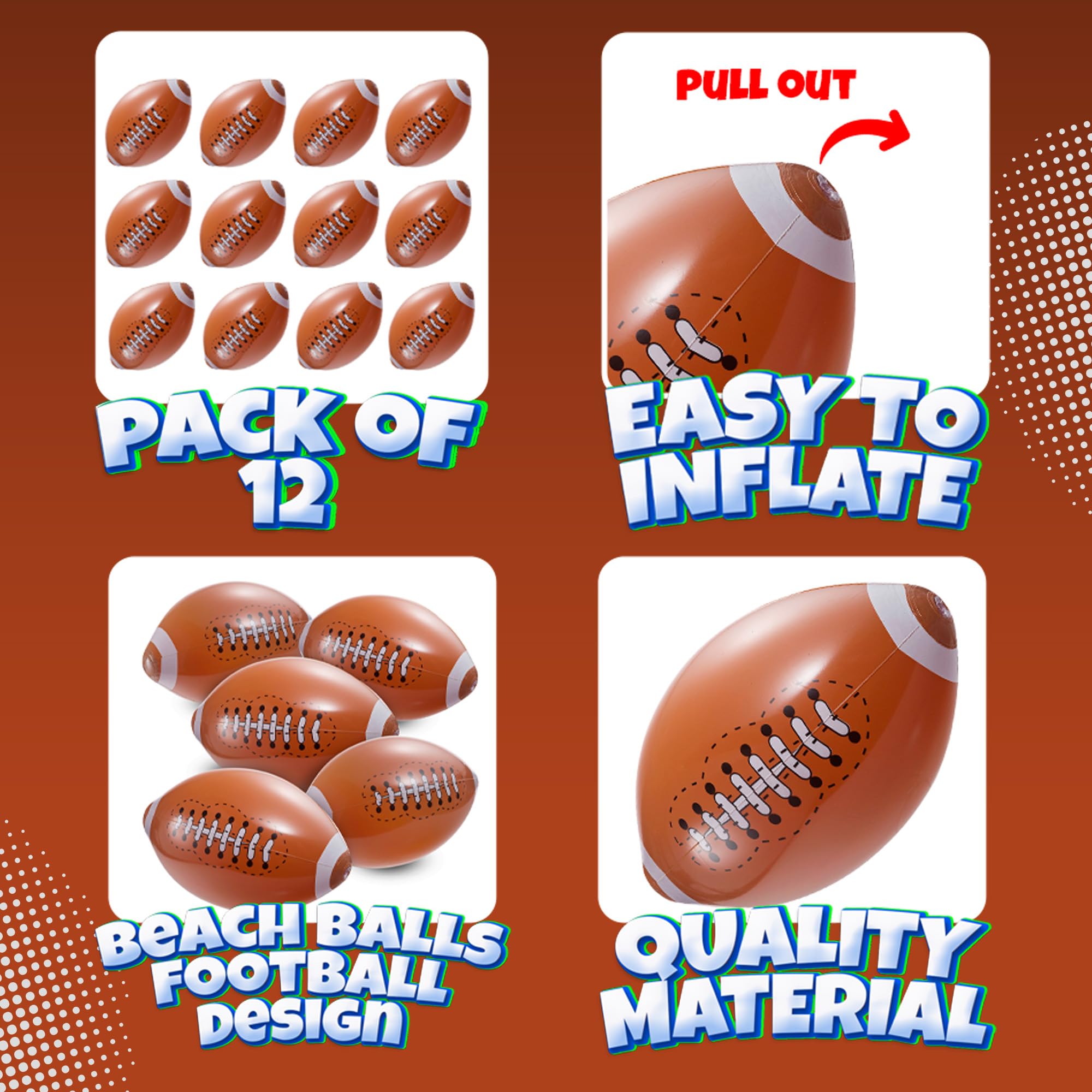 Bedwina 12-Pack 16" Inflatable Footballs for Football Party Decorations & Party Favors – Blow-Up Sports-Themed Beach Balls for Game Day & Birthday Supplies, Goodie Bag Stuffers