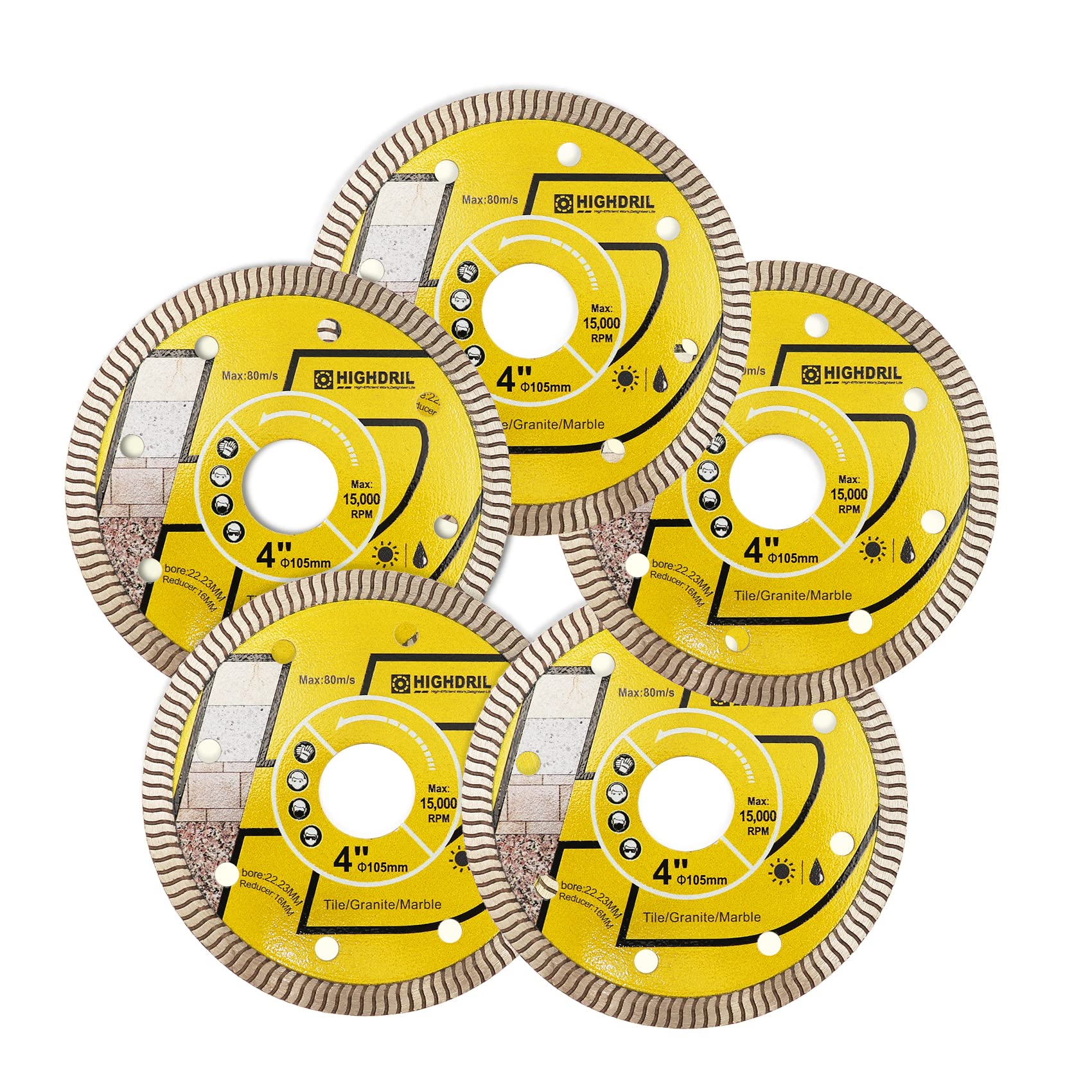 HIGHDRIL Diamond Saw Blade - 5Pcs 105MM Diamond Tile Blade with 22.23MM Arbor, Dry or Wet Cutting Disc for Porcelain Tile Ceramic Granite Marble Hard Material Masonry