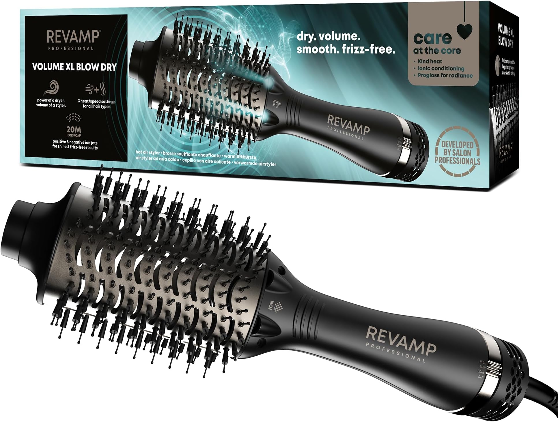 REVAMP Progloss Perfect Blow Dry Air Styler - 4 in 1 Multifunctional Professional Drying, Detangling and Styling Blow Dryer Brush, Salon Professional Volumiser, Lightweight, Ceramic Barrel, 1200 W