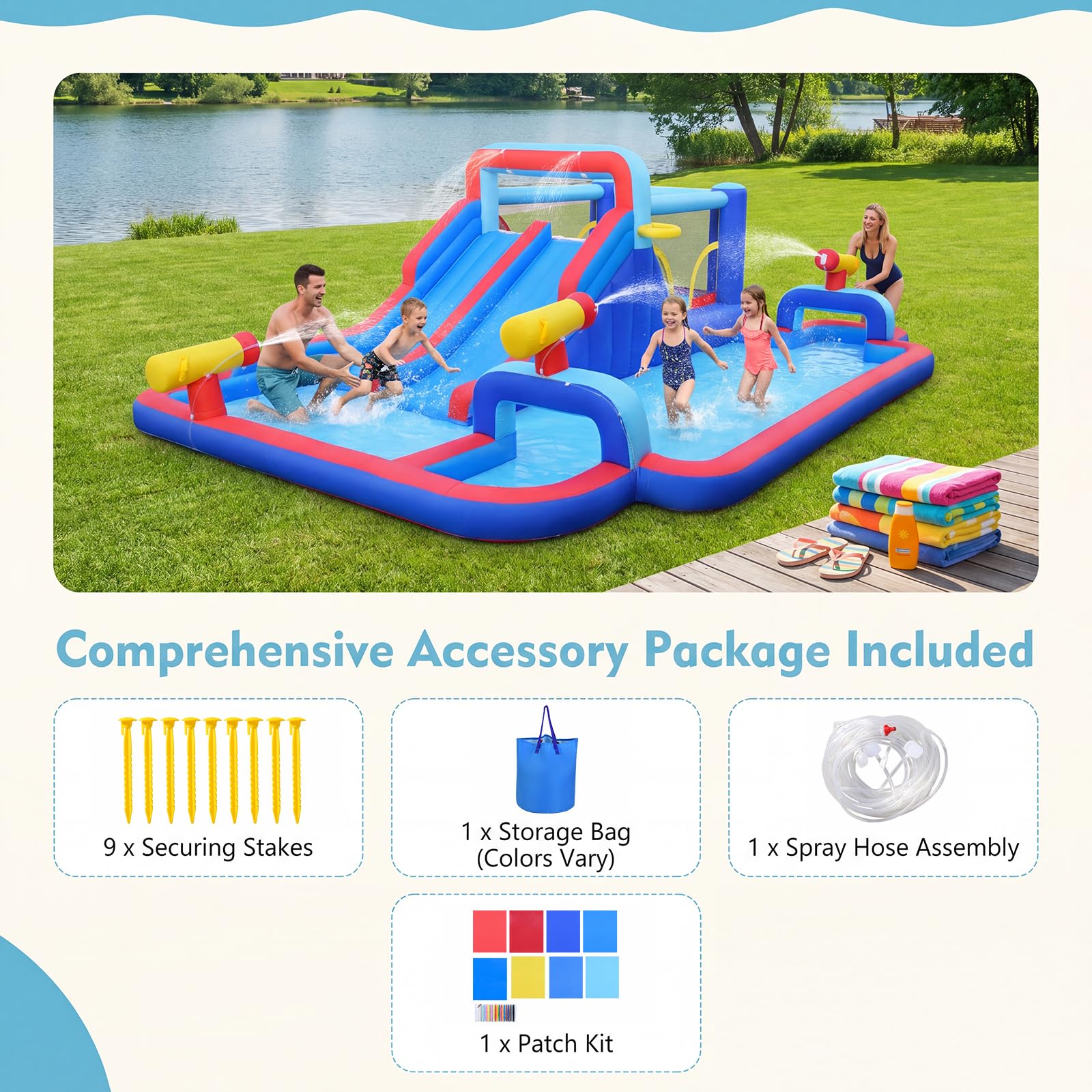 GIANTEX Castello Gonfiabile per Bambini con Scivolo, Piscina Gonfiabile in Tessuto Oxford con Canestro da Basket, Cannone ad Acqua e Parete da Arrampicata, Parco Giochi Grande da Esterno per 3-12 Anni
