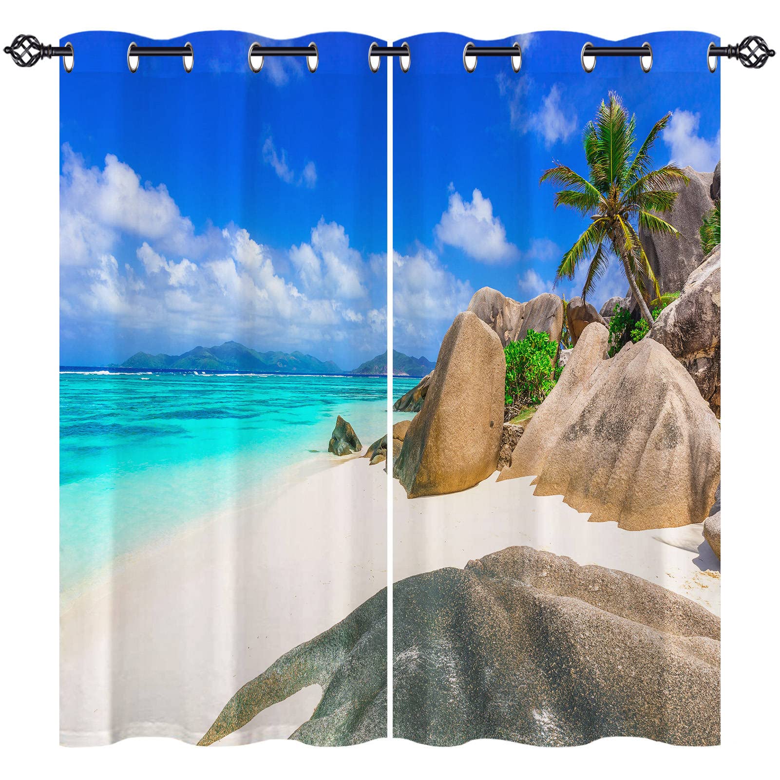 ANHOPE Beach Curtains Eyelet Soft Thermal Insulated Blackout Curtains Tropical Seaside Ocean Beach Stone Island Print Pattern Ring Top Window Drapes for Bedroom Living Room 46 x 63 Inch Drop 2 Panels — image 1