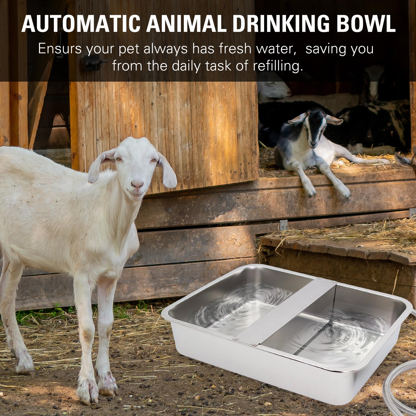Dispensador automático de cuenco de agua de 4 galones para perros, comedero de agua de acero inoxidable de gran tamaño para aves de corral y ganado para animales al aire libre, incluye manguera de