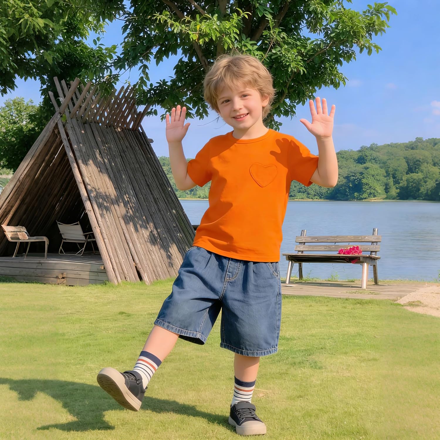 1-14Y Toddler Girls Shirt Baby Girl Blouse Solid Color Short Sleeve Heart Pocket T-Shirt Casual Cotton Tee Plain Top - Image 3