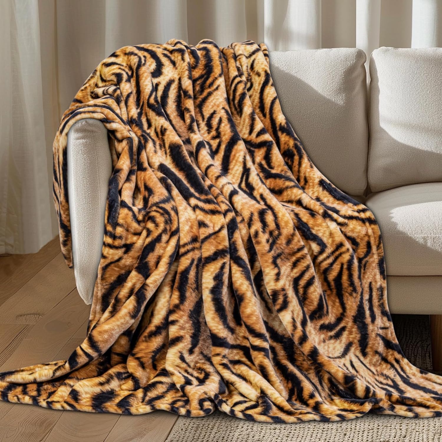 MACEVIA Flannel Fleece Throw Blanket for Couch, Brown Tiger Print Blanket, Fuzzy Cozy Comfy Super Soft Fluffy Plush Animal Print Blankets for Bed Sofa, Suitable for All Seasons (Tiger,50x60inches) - Image 2