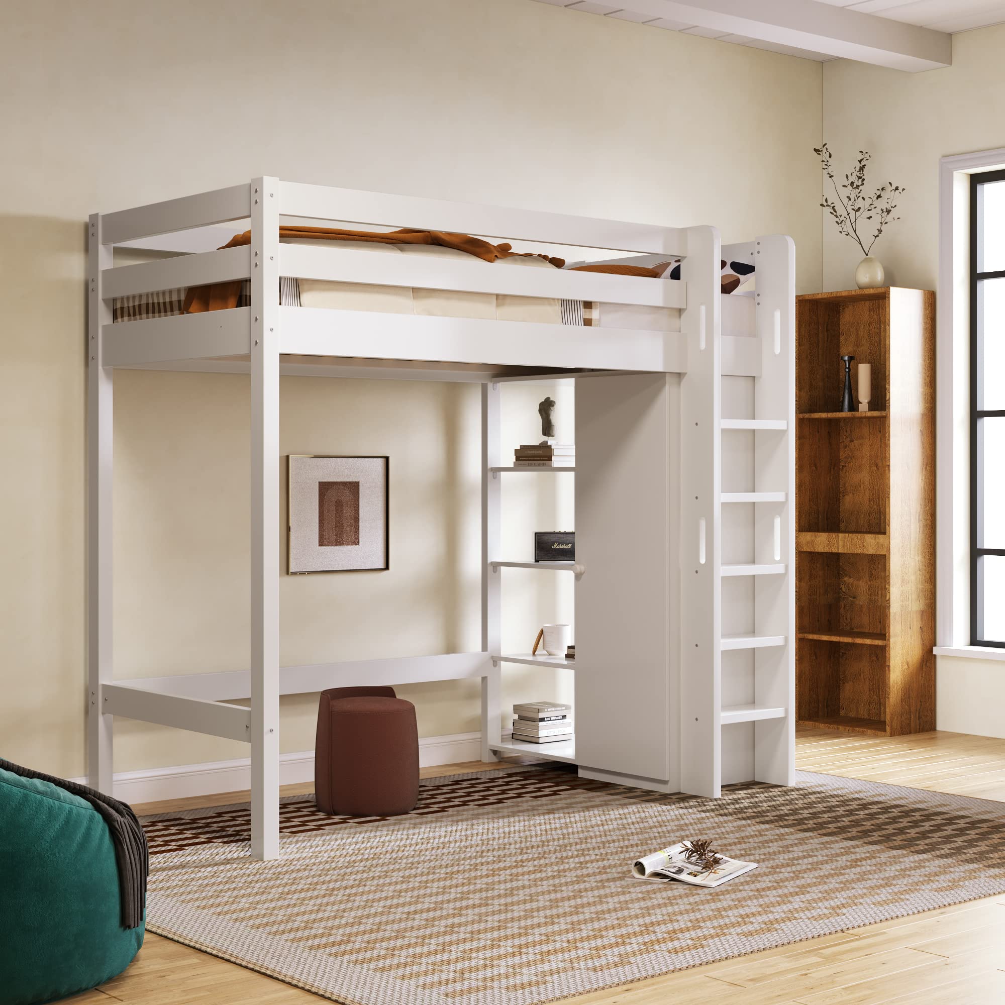 LAKFEW Cama Alta Infantil 90x200 cm con Armario y Estante Almacenaje Ajustable, Cama Tren Camas Altas con Dispositivo antivuelco y Protección Anticaída, Camas Literas con Escalera, Blanco, Sin Colchón